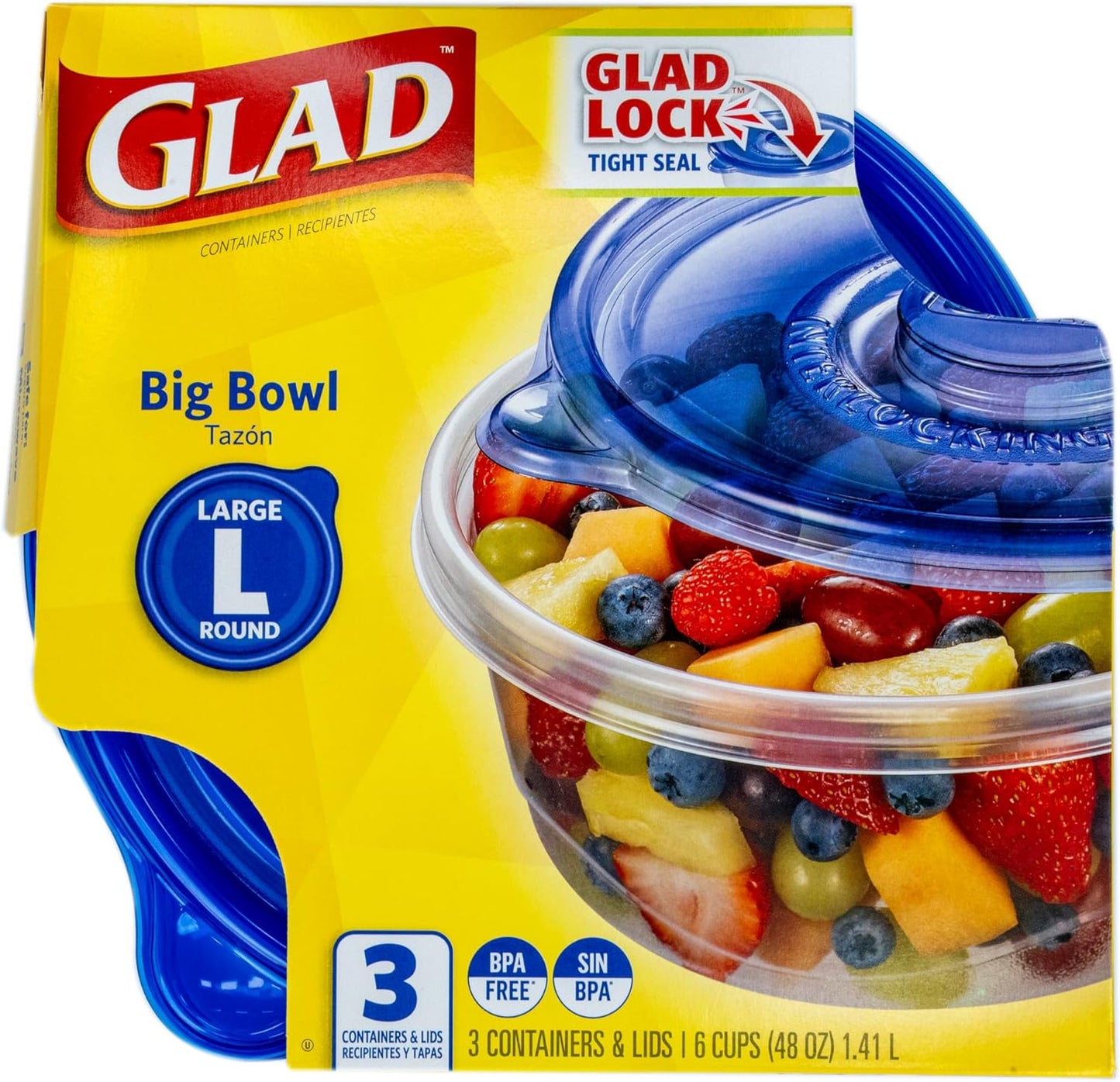 Glad GladWare Big Bowl Food Storage Containers, Large Round Bowl Holds 48 Ounces of Food Food Storage Containers for Everyday Use to Preserve Freshness, 3 Count