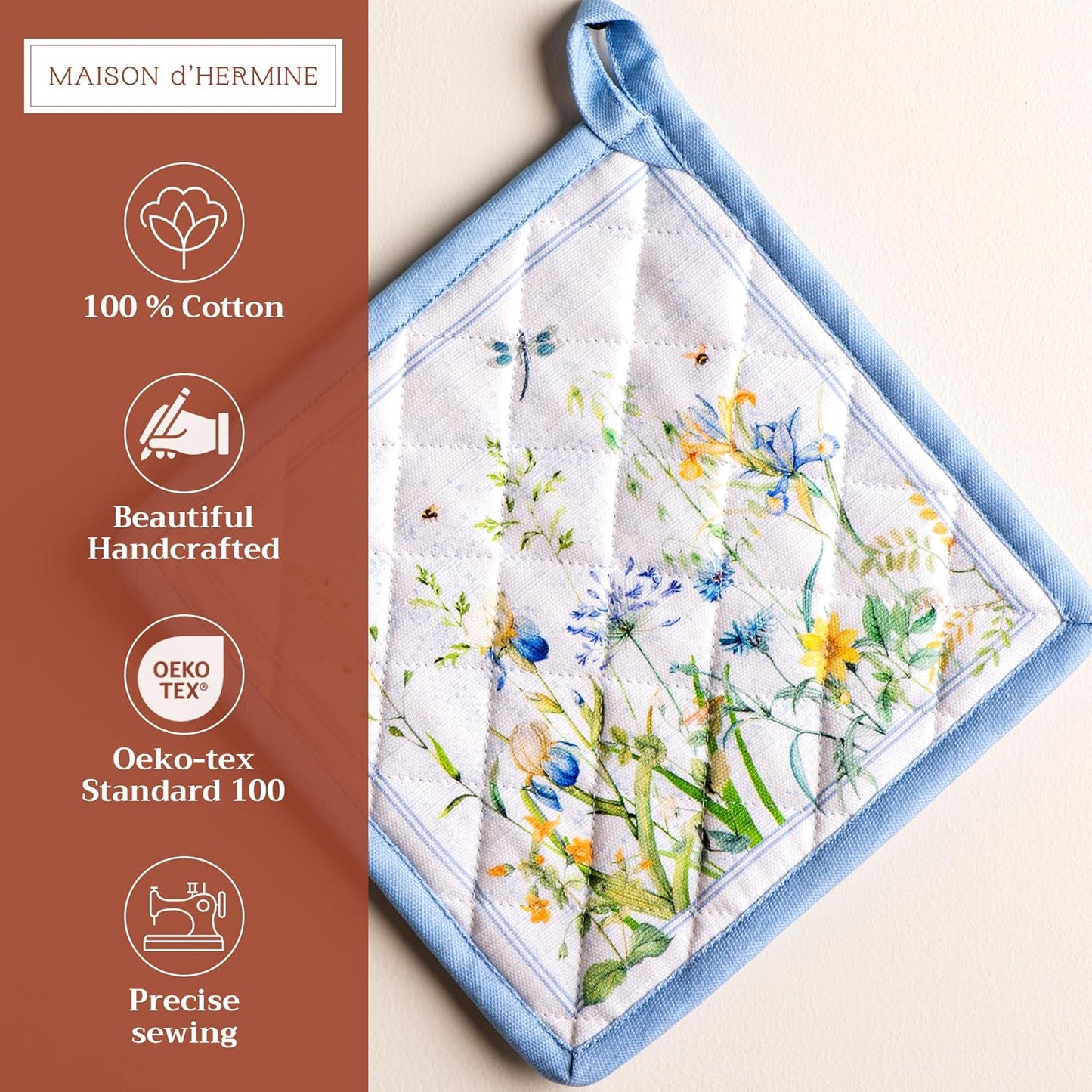 Maison d' Hermine Pot Holders Set 100% Cotton Heat Resistant Potholders 8" x 8" Hot Pads with Loop BBQ, Cooking, Baking, Grilling, Kitchen, Handling Hot Pans Spring/Summer (Pack of 2, Fleurs De Mai)