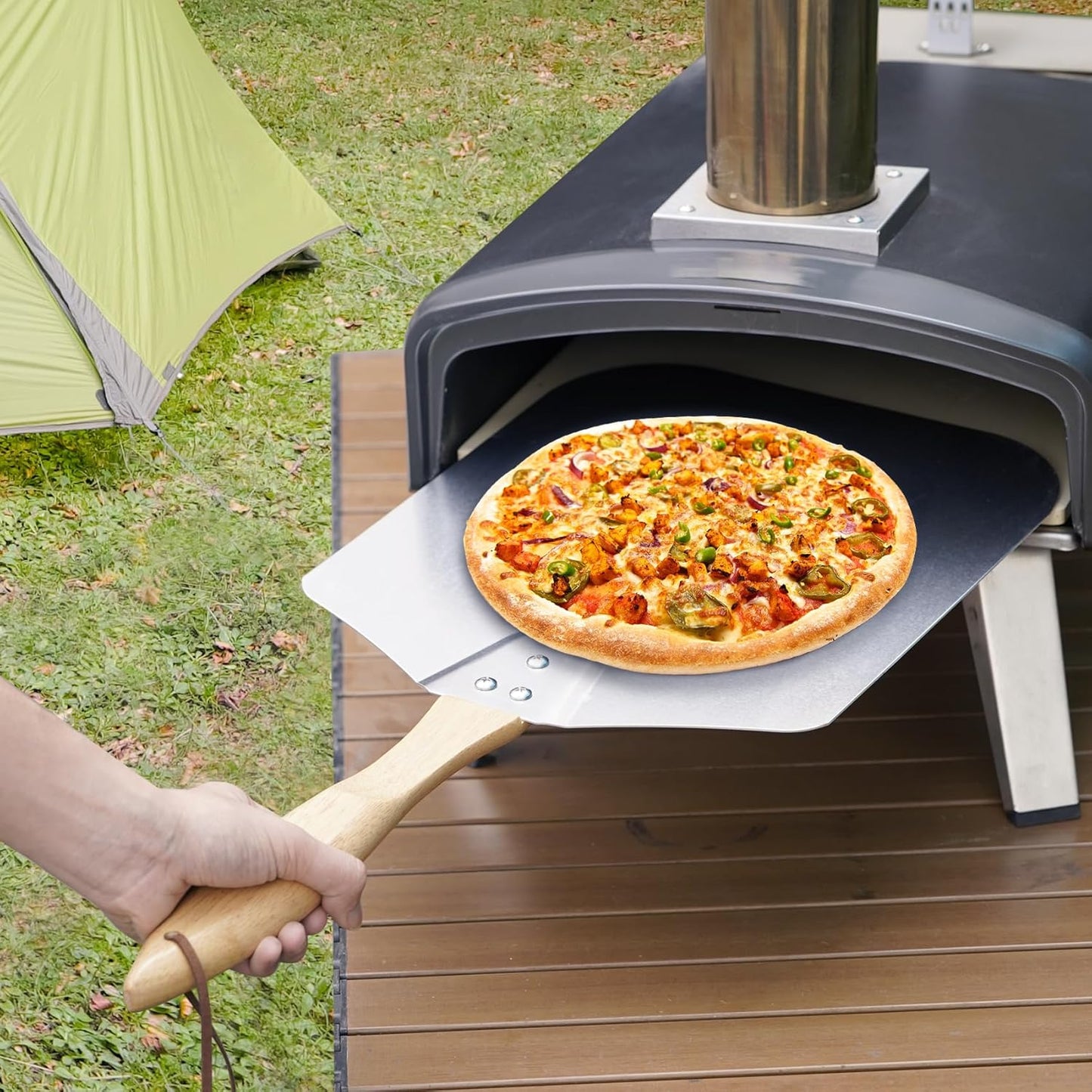 Skyflame Kitchen Supply Aluminum Pizza Peel with Wooden Handle 14-Inch x 16-Inch, Large Pizza Paddle for Baking Homemade Pizza Bread