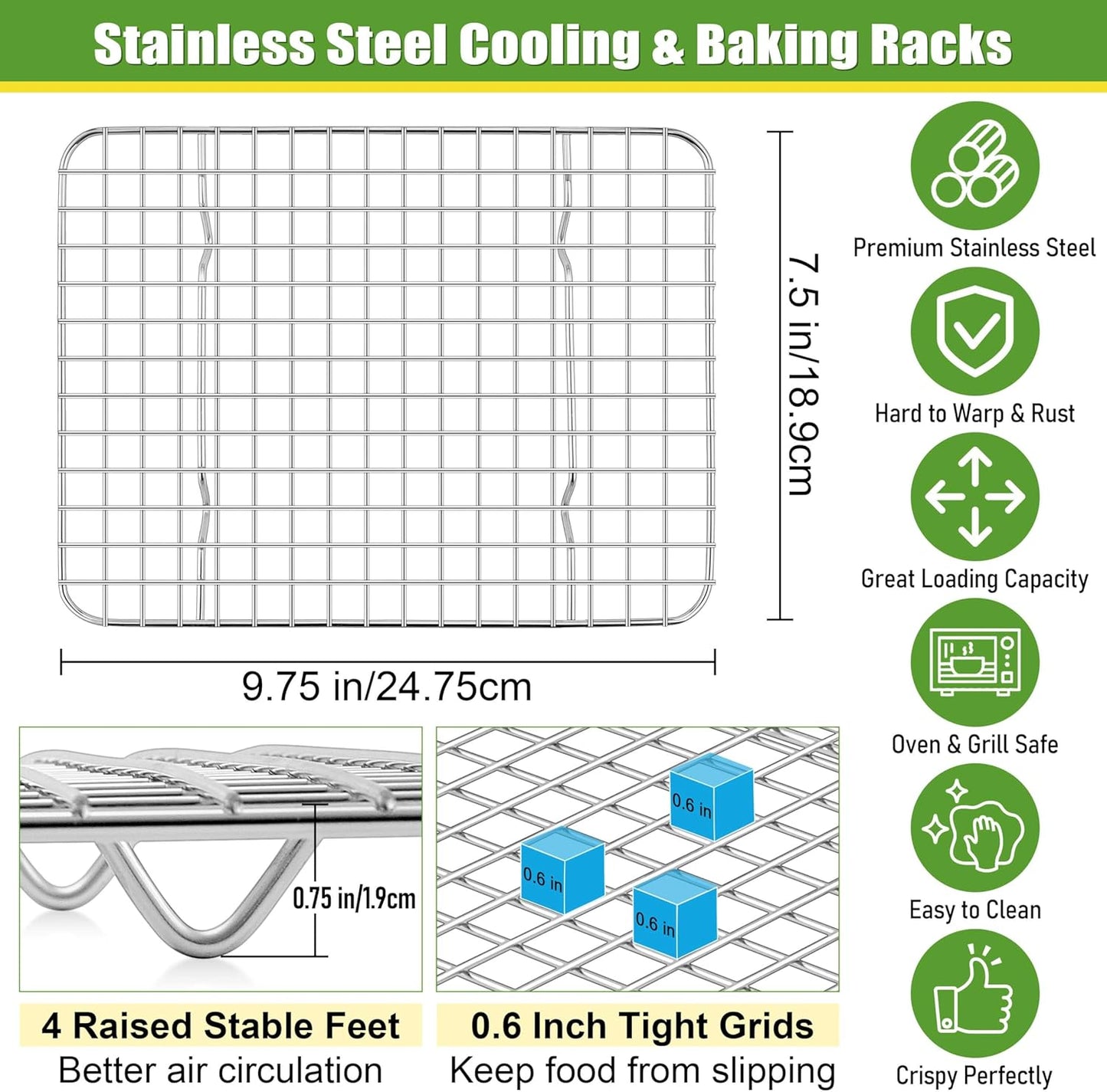 Homikit 2 Pack Cooling Rack Set, 9.75" x 7.5" Stainless Steel Baking Rack for Bacon Bread Pizza, Thick Metal Wire Oven Racks for Cooking Fit Small Toaster Oven Pan, Rust Free & Dishwasher Safe