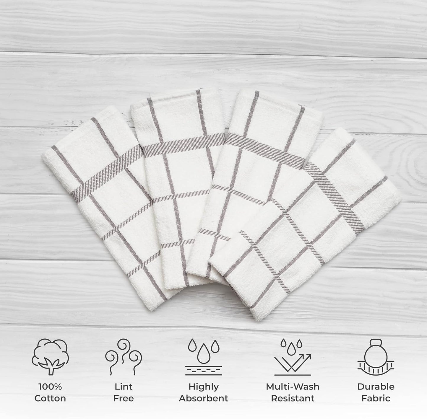 100% Cotton Terry Dish Towels, 4 Pack Checks, 16 x26 Inches, Super Soft and Absorbent Kitchen Towels, Perfect for Kitchen Cleaning and Dish Washing | Light Gray