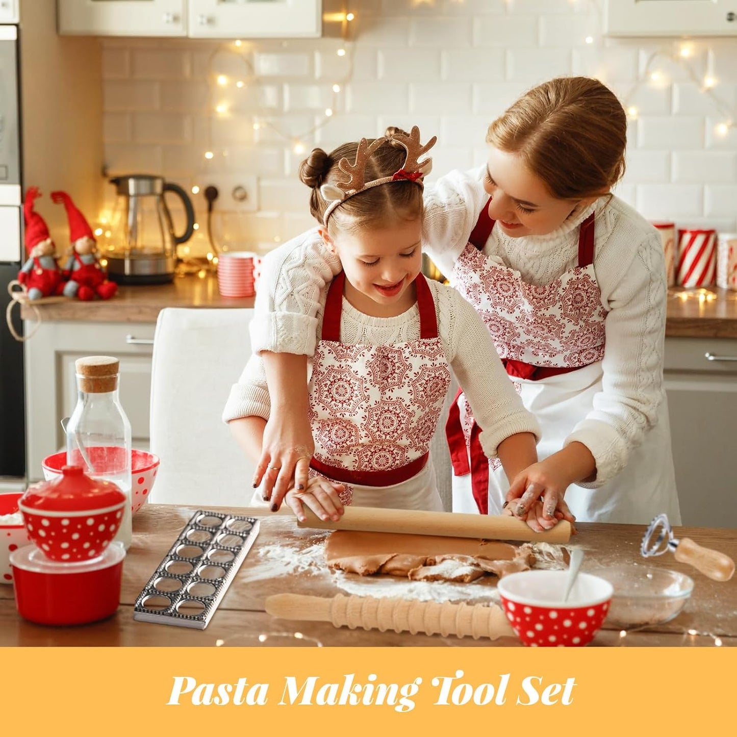 Tioncy 9 Pcs Pasta Making Tool Ravioli Gnocchi Maker Set Include Ravioli Mold Wooden Cutter Rolling Pin Gnocchi Board Wood Stick Dough Scraper Pasta Stamps(Simple Style)