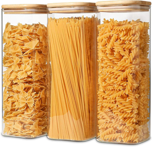 glass Jars with Bamboo Lids, Glass Canisters with Airtight Lids, Glass Food Storage Containers for Pasta, Oats, Coffee, Flour, Sugar, Best for Kitchen (Square 73oz Set-3Pack)