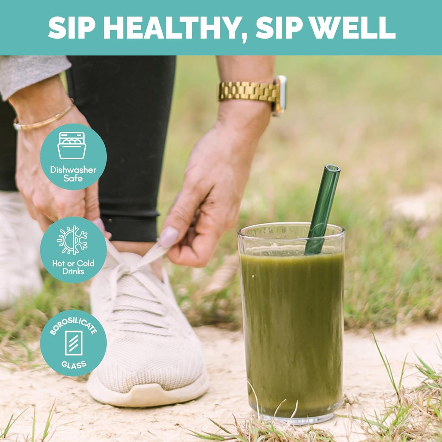 Simply Straws Wide Glass Straws (6-Pack) - 10in x 12mm Reusable Glass Smoothie Straws for Milkshakes, Juices & Slushies, with Cleaning Brush - Dishwasher Safe, Hot & Cold Use, BPA-Free (Iridium)