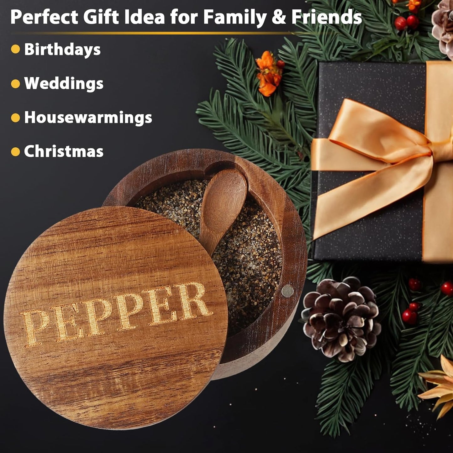 PEPPER Cellar, Acacia Wood Salt Container with Built-in Spoon & Swivel Lid, Engraved PEPPER Box, Salt Holder Bowl for Countertop Seasoning Storage