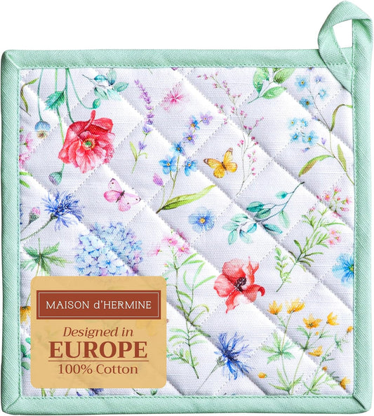 Maison d' Hermine Pot Holders 100% Cotton Heat Resistant Potholders 8" x 8" Hot Pads with Loop BBQ, Cooking, Baking, Grilling, Kitchen, Handling Hot Pans Spring/Summer (Pack of 1, Just Floral)
