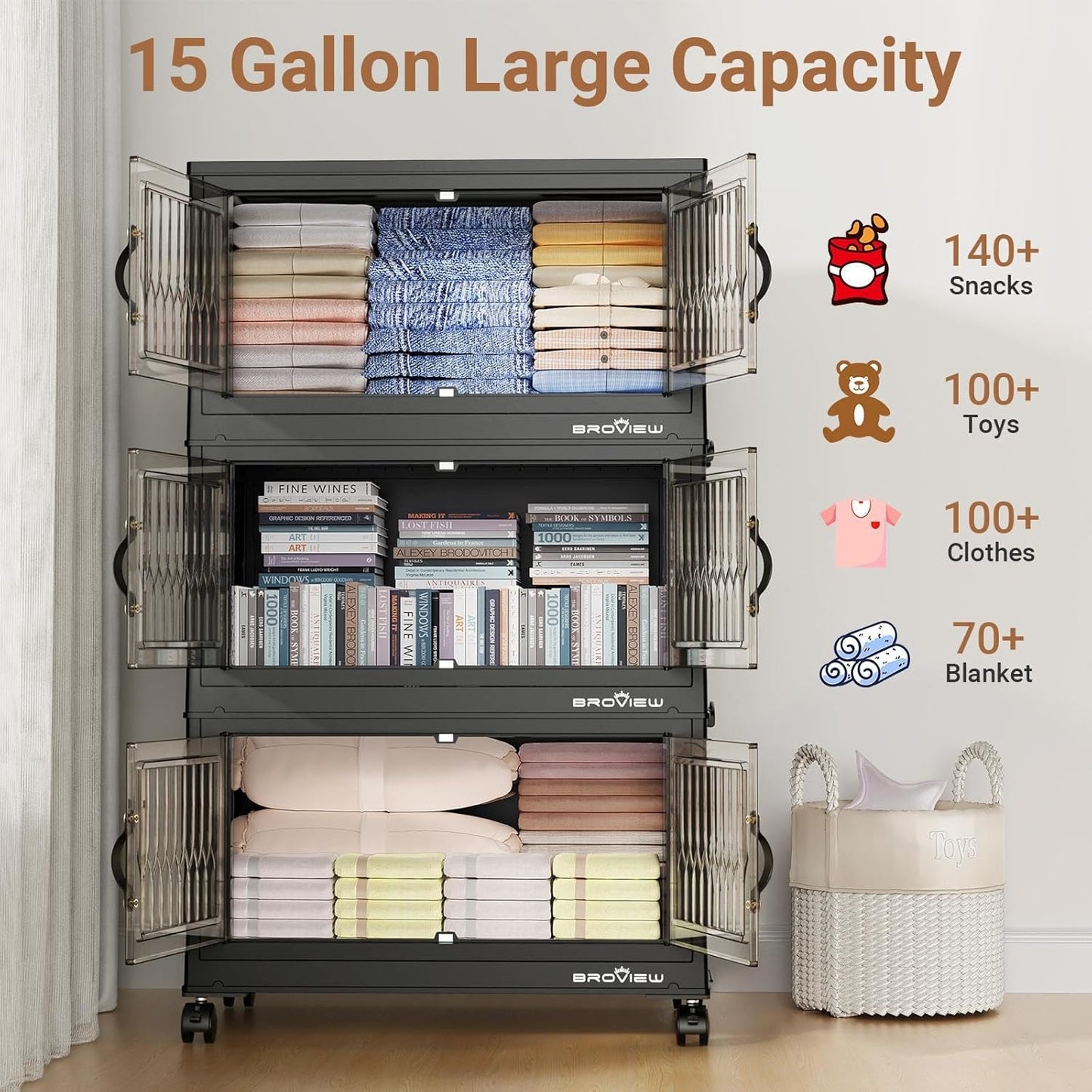 240Qt Stackable Storage Bins with Lid, Extra Large Closet Organizer Collapsible Drawer Boxes with Wheels, Folding Plastic Cabinet Containers for Home Kitchen Room Organization, 4Pack Black