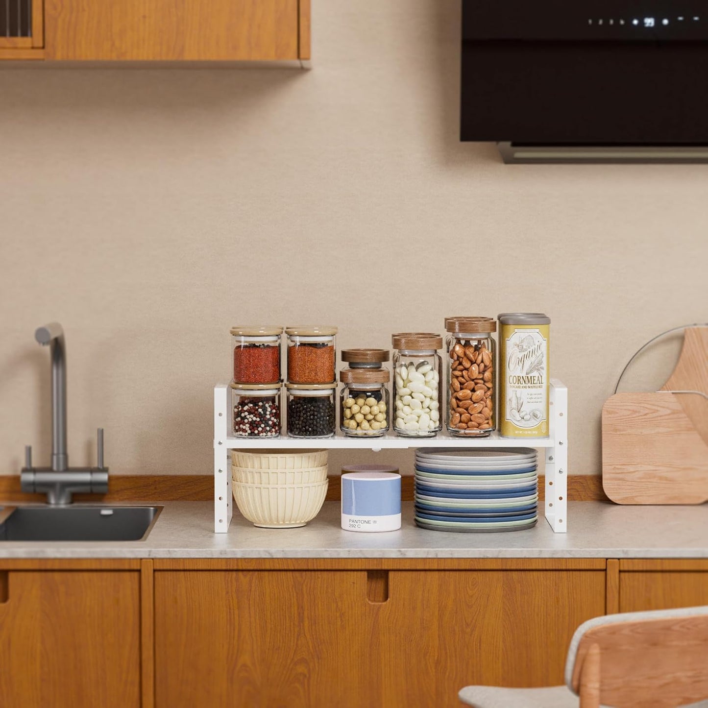 Expandable Shoe Rack Stackable Metal Pantry Storage Shelves Stand Adjustable Height Cabinet Shelf Organizer Racks Spice Shelving(1PACKS/WHITE,LARGE)