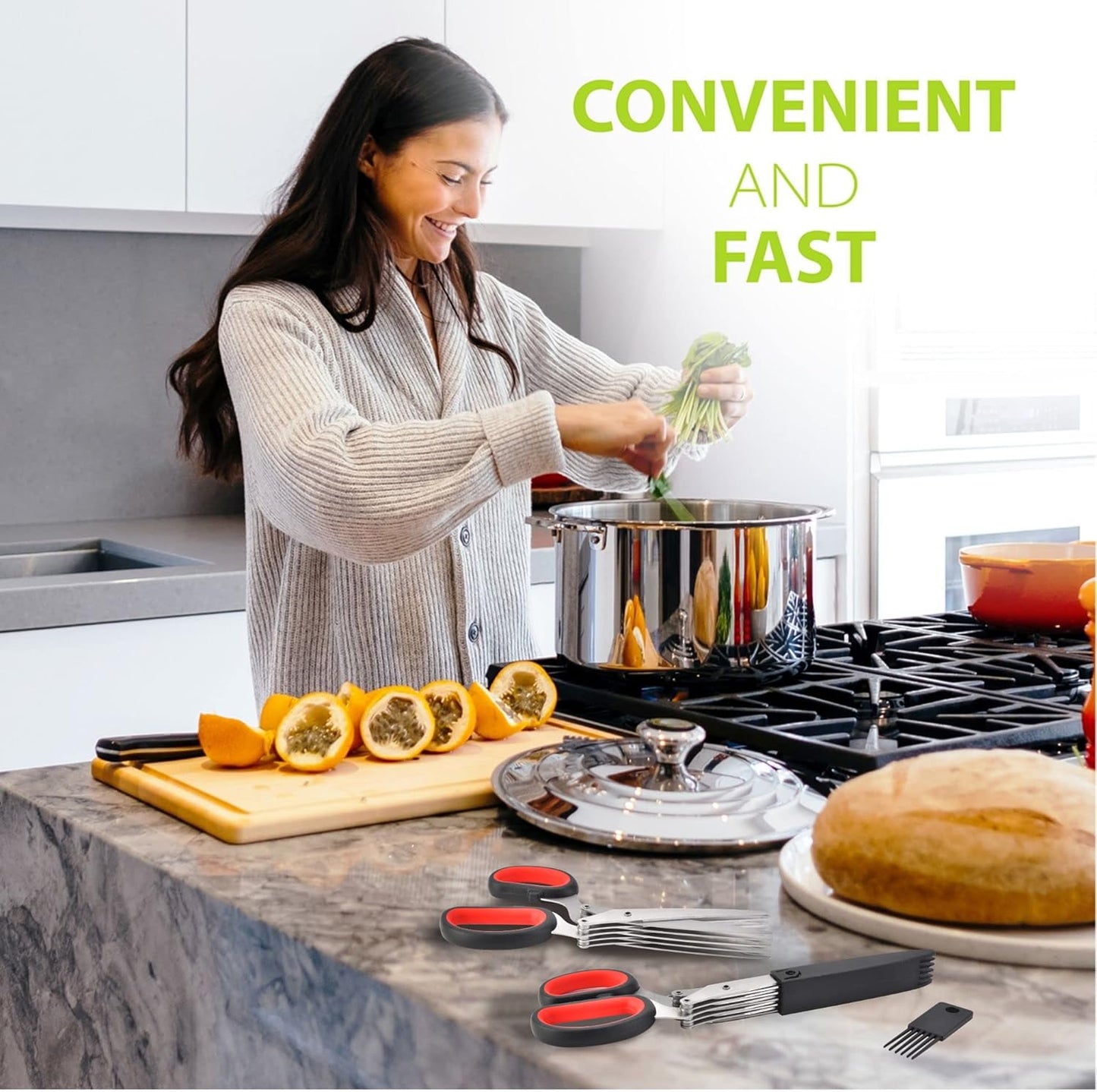 Herb Scissors with 5 Blades & Cleaning Kit, Stainless Steel Kitchen Shears for Herbs, Lettuce, Cilantro, Dishwasher Safe, Soft-Grip Handle