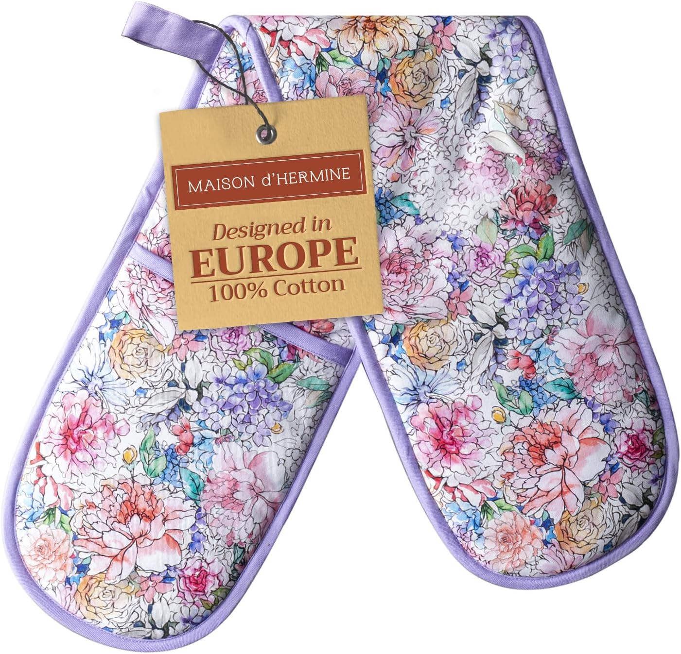Maison d' Hermine Double Oven Mitts 100% Cotton 7"x35" Double Oven Mitt Heat Resistant BBQ Cooking Gloves with Loop, Baking, Grilling, Home, Kitchen, Handling Hot Pans Spring Summer (Floral Love)