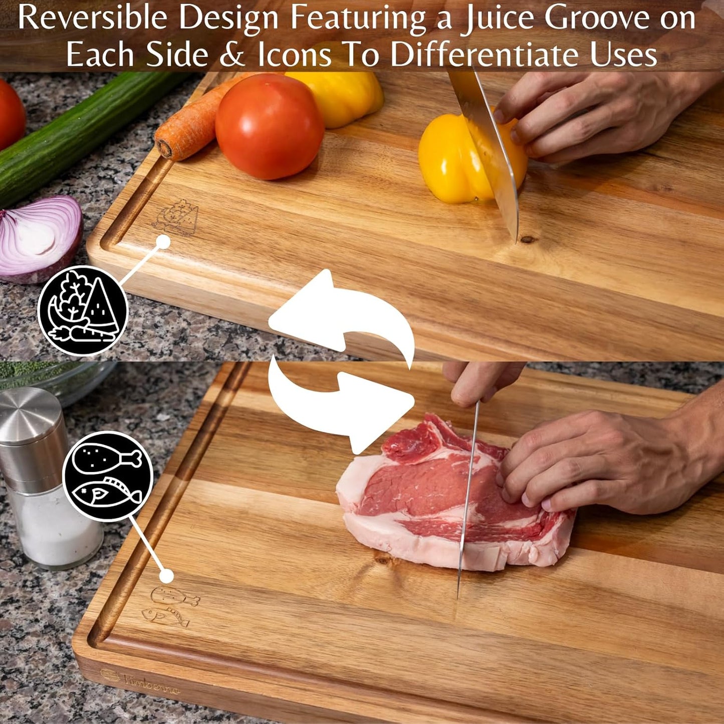 Acacia Wood Cutting Board (20x15x1.2 In.) - Large Thick Edge Grain Wooden Chopping Boards for Kitchen, Giant XL Organic Hardwood Carving Block for Raw Meat