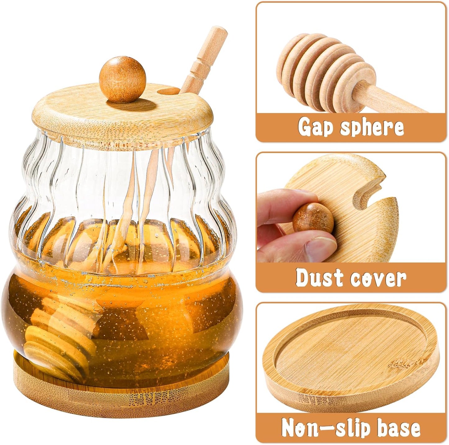 Glass Honey Pot Honey Jar witn Dipper and Wooden Lid, Honey Dispenser for Home,Tea Shops,Cafes, Restaurants (1)