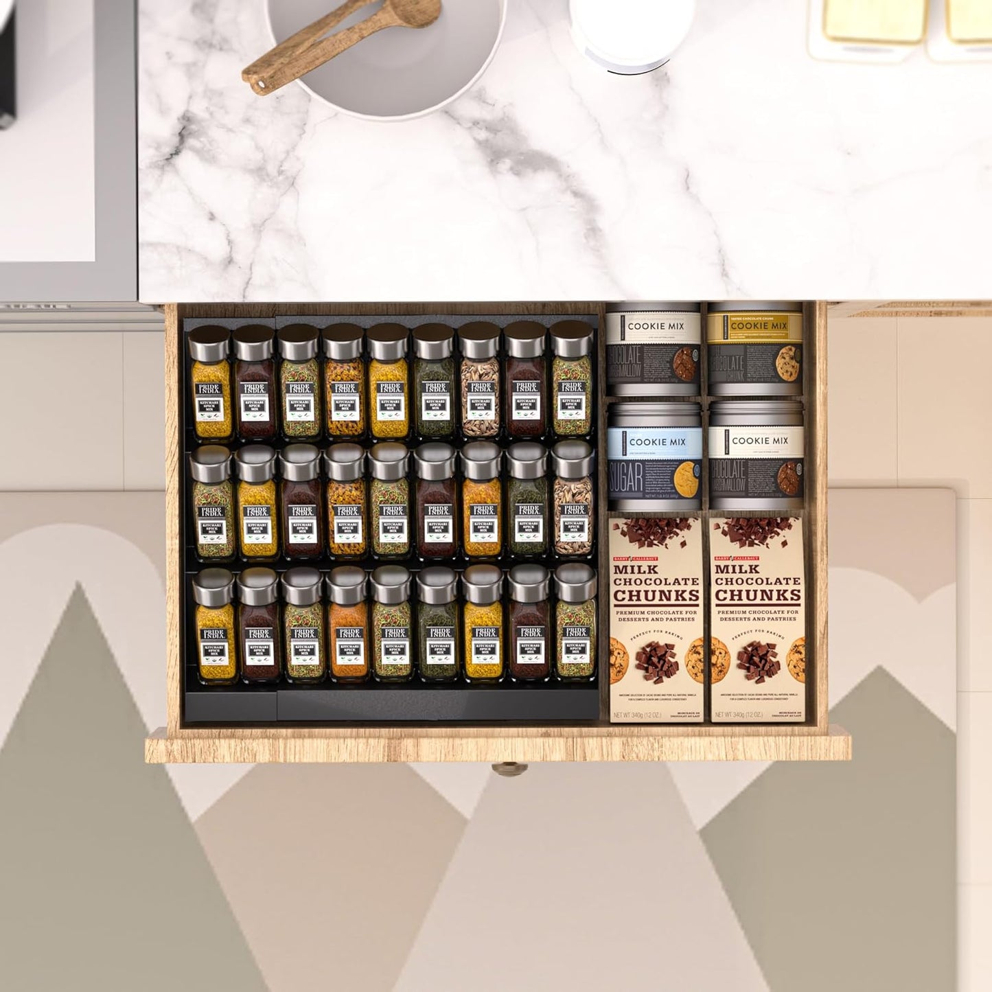 Expandable Metal Spice Drawer Organizer,3-Tier Slanted Seasoning Jars Tray for Kitchen Cabinet Drawers Insert/Countertop (Jars not included)-3Tier,2packs/Black