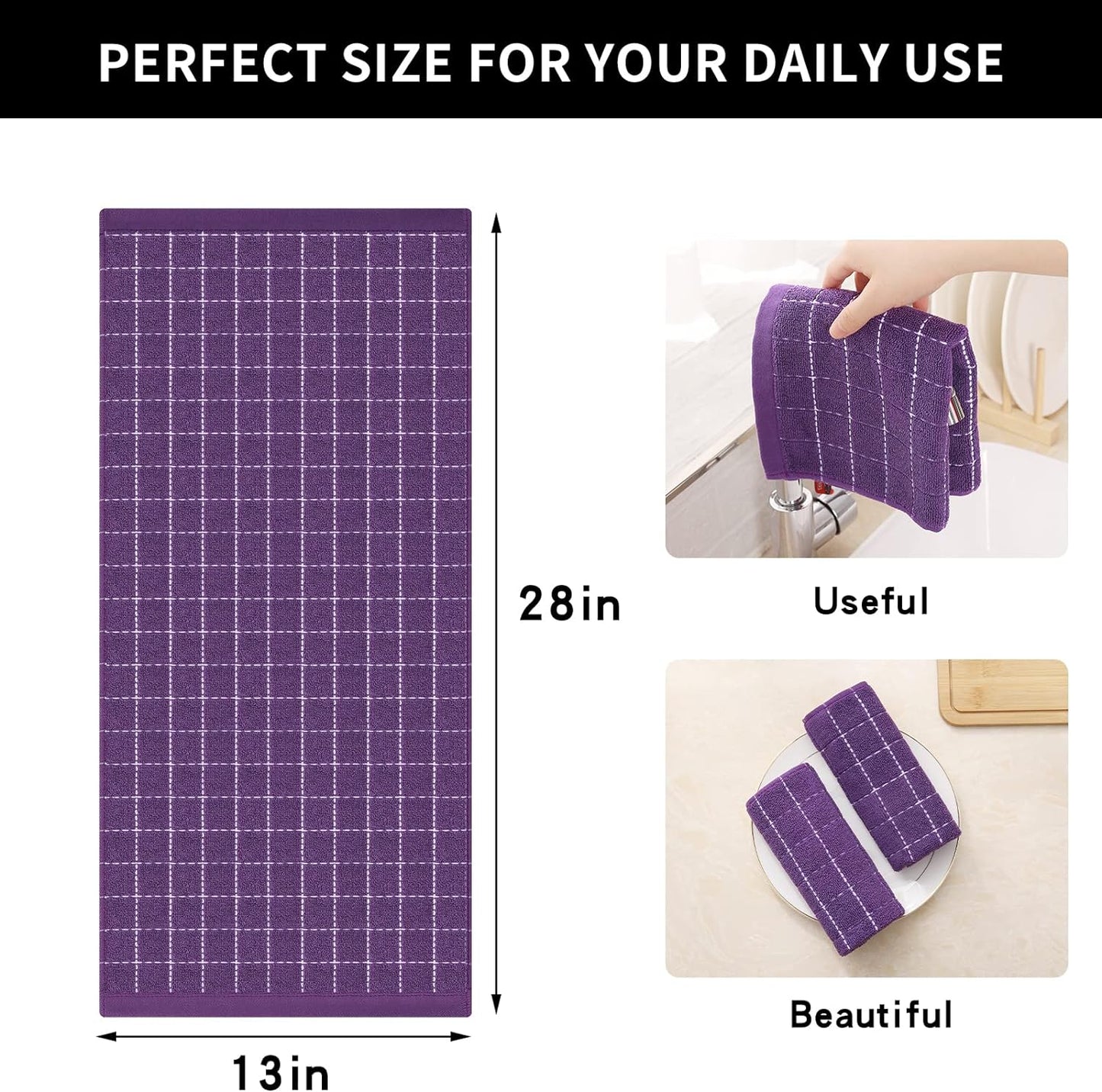 Homaxy 100% Cotton Terry Kitchen Towels(Purple, 13 x 28 inches), Checkered Designed, Soft and Super Absorbent Dish Towels, 4 Pack