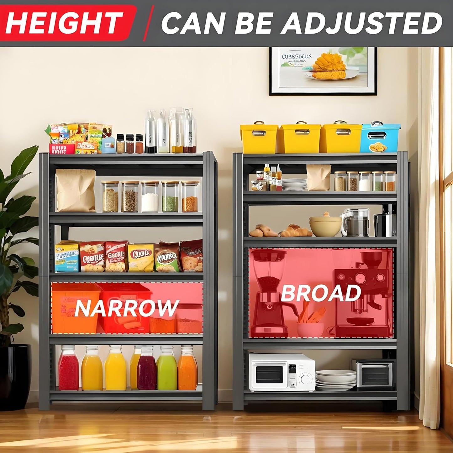 72" H 5-Shelf Metal Storage Shelves, 1600 lbs Garage Shelving Unit, Adjustable Industrial Heavy Duty Storage Wire Rack with Wheels, 35.4" W x 15.8" D x 72" H for Pantry Basement, Black