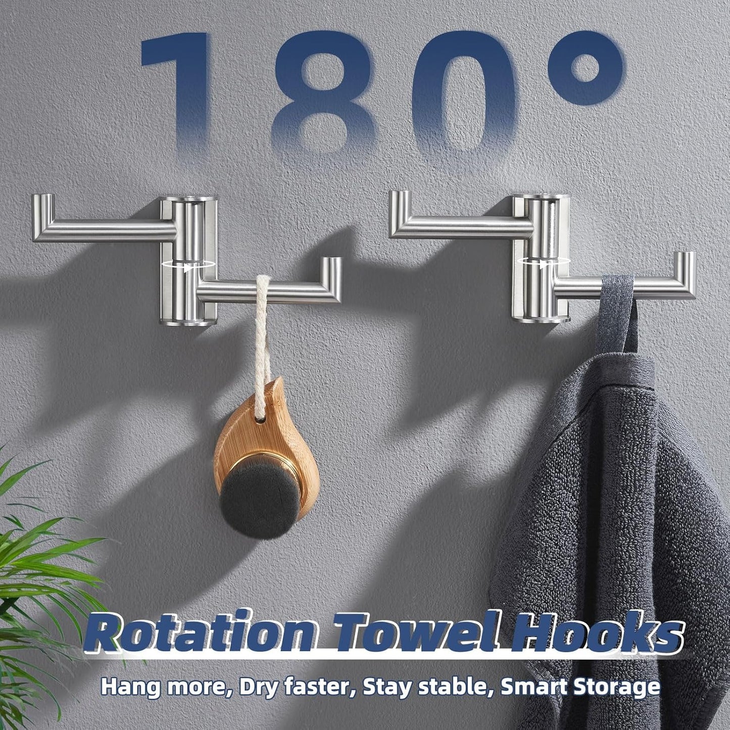 APLusee 2 Pack Swivel Coat Hooks Brushed Nickel, 304 Stainless Steel Foldable Bathroom Towel Hooks with 2 Rotating Arms, Wall Mounted