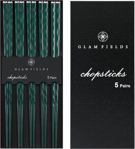 GLAMFIELDS 5 Pairs Chopsticks Reusable, Premium Fiberglass Chop sticks Dishwasher Safe for Sushi Ramen, Non-slip, 9 1/2 inches - Gift Set Green with Silver Plated