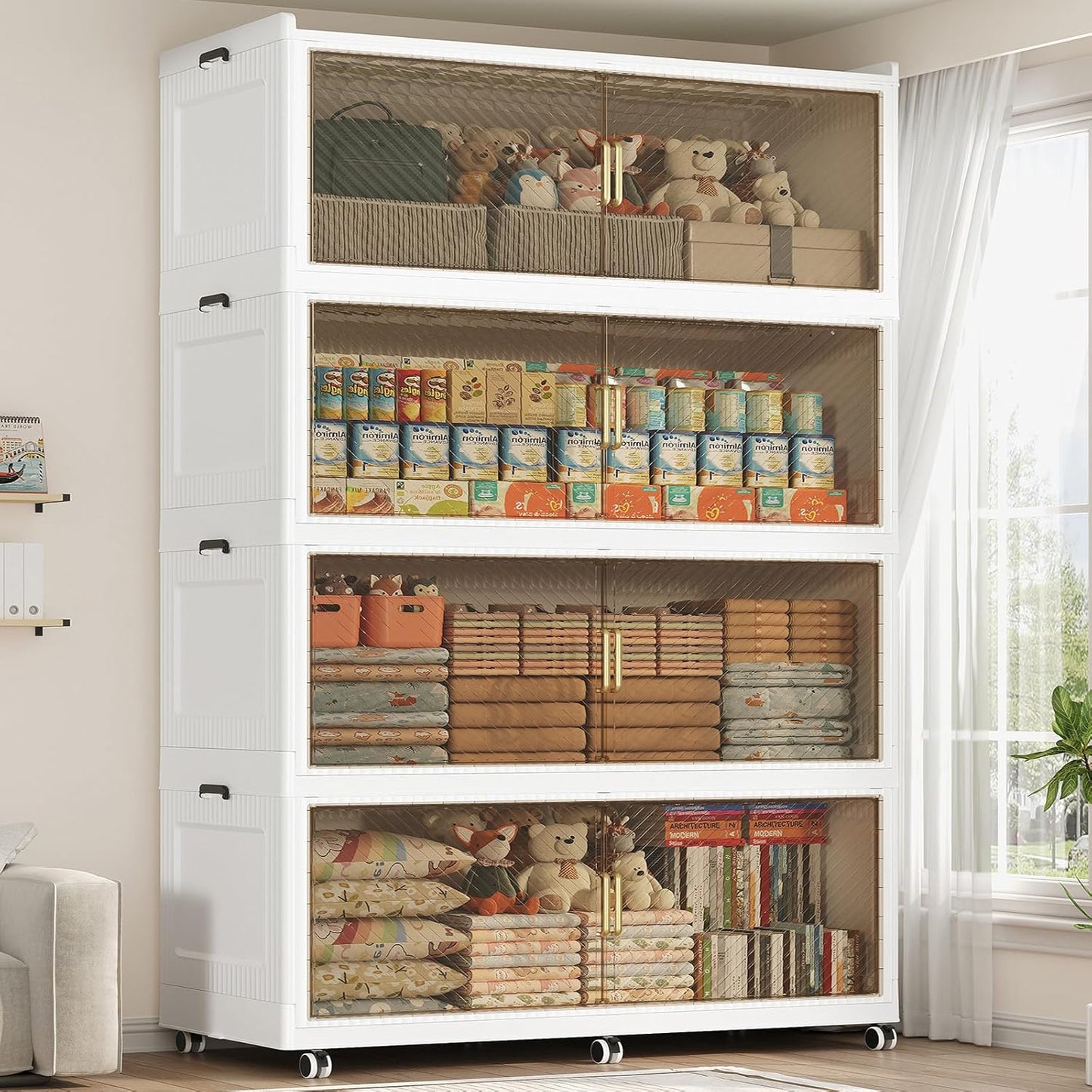 320GAL Extra Large Storage Bins with Lid, 1280QT Plastic Stackable Storage Bins with 6x Wheels, Collapsible Closet Organizer and Storage Drawer Cabinet for Living Room Office Dorm, 4Pack White