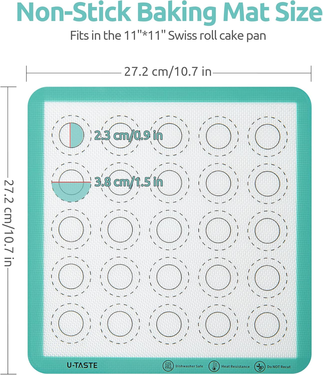446ºF Heat Resistant Macaron Mat: U-Taste 11x11 Inch Non Stick Silicone Baking Mat, Reusable Cookies Pastry Sheet Liner with Edge Enhancement & Circle Measurement for Square Cake Pan (2 PCS, Aqua Sky)
