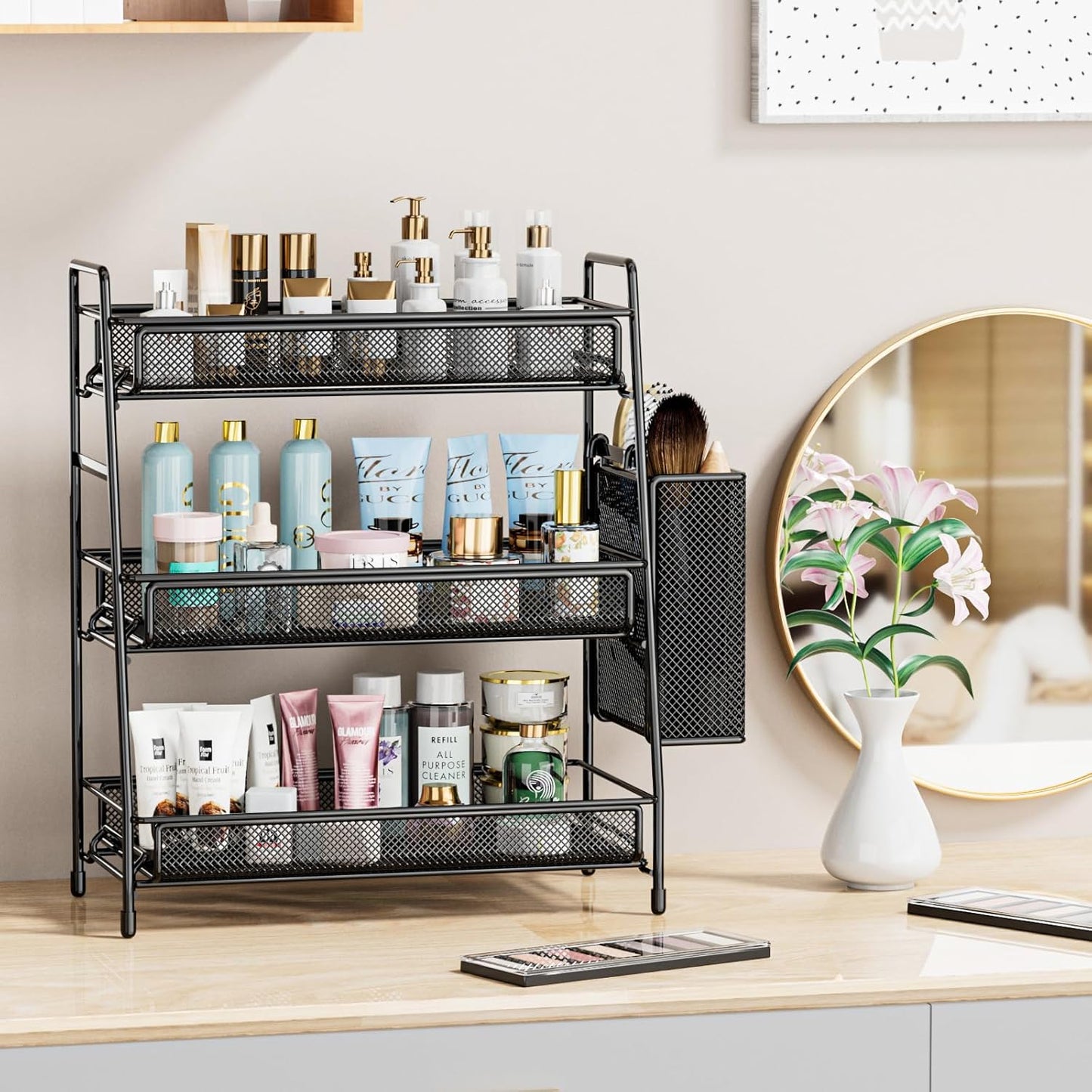 EKNITEY Bathroom Countertop Organizer Shelf - 3 Tier Counter Spice Rack Metal Makeup Rack Small Coffee Station Organizer for Sink/Bedroom/Living room/Kitchen/Office