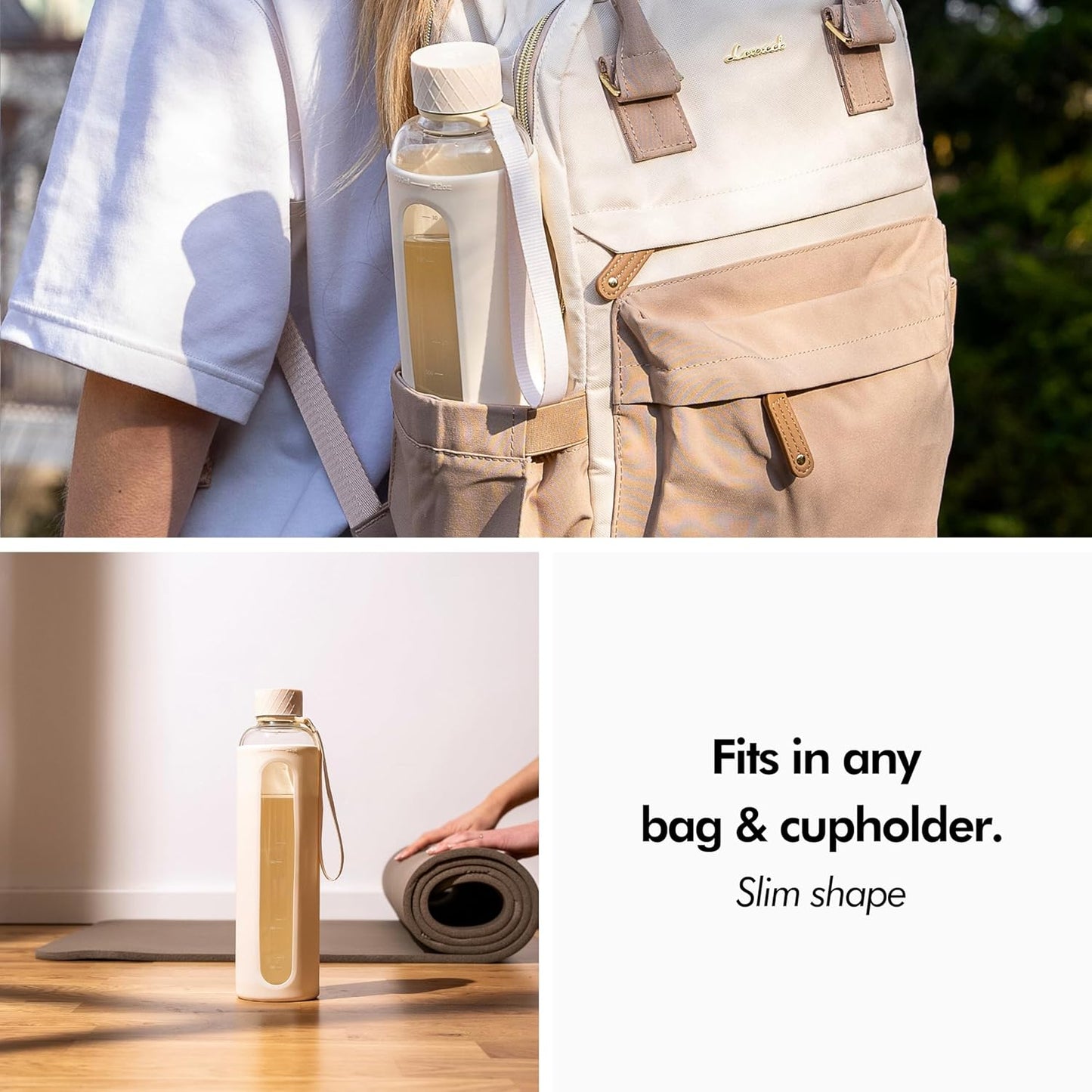 KIVY Glass Water Bottle with Silicone Sleeve 32 oz [WITH MEASUREMENT] - Borosilicate Glass Water Bottle Screw Top - Clear Bottles with Measurement Marking - Slim Waterbottle Aesthetic - Cream White