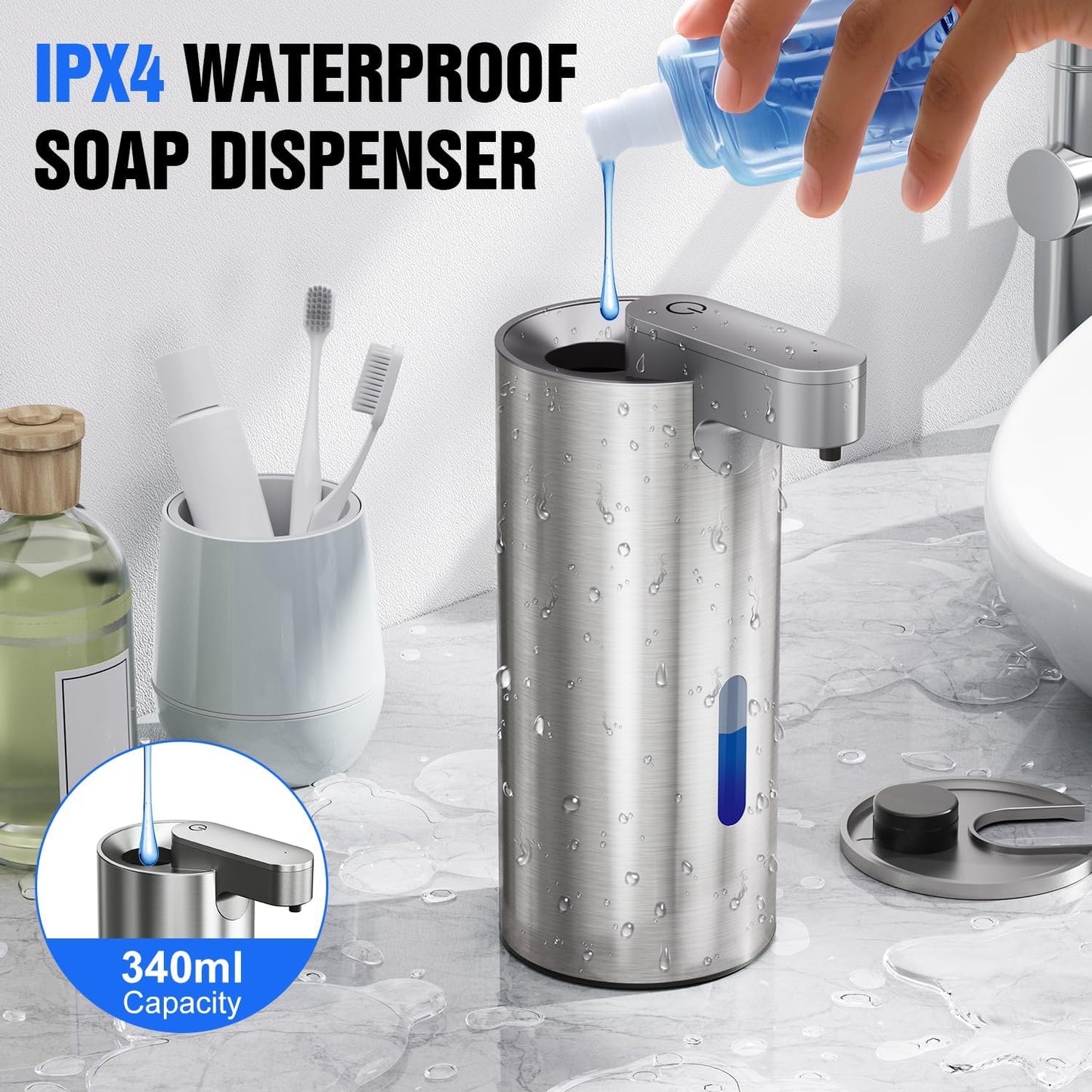 Automatic Soap Dispenser Touchless, Stainless Steel 11.5 oz 3 Levels Adjustable Hand Soap Dispenser with Rechargeable Sensor Pump for Kitchen & Bathroom Liquid Soap