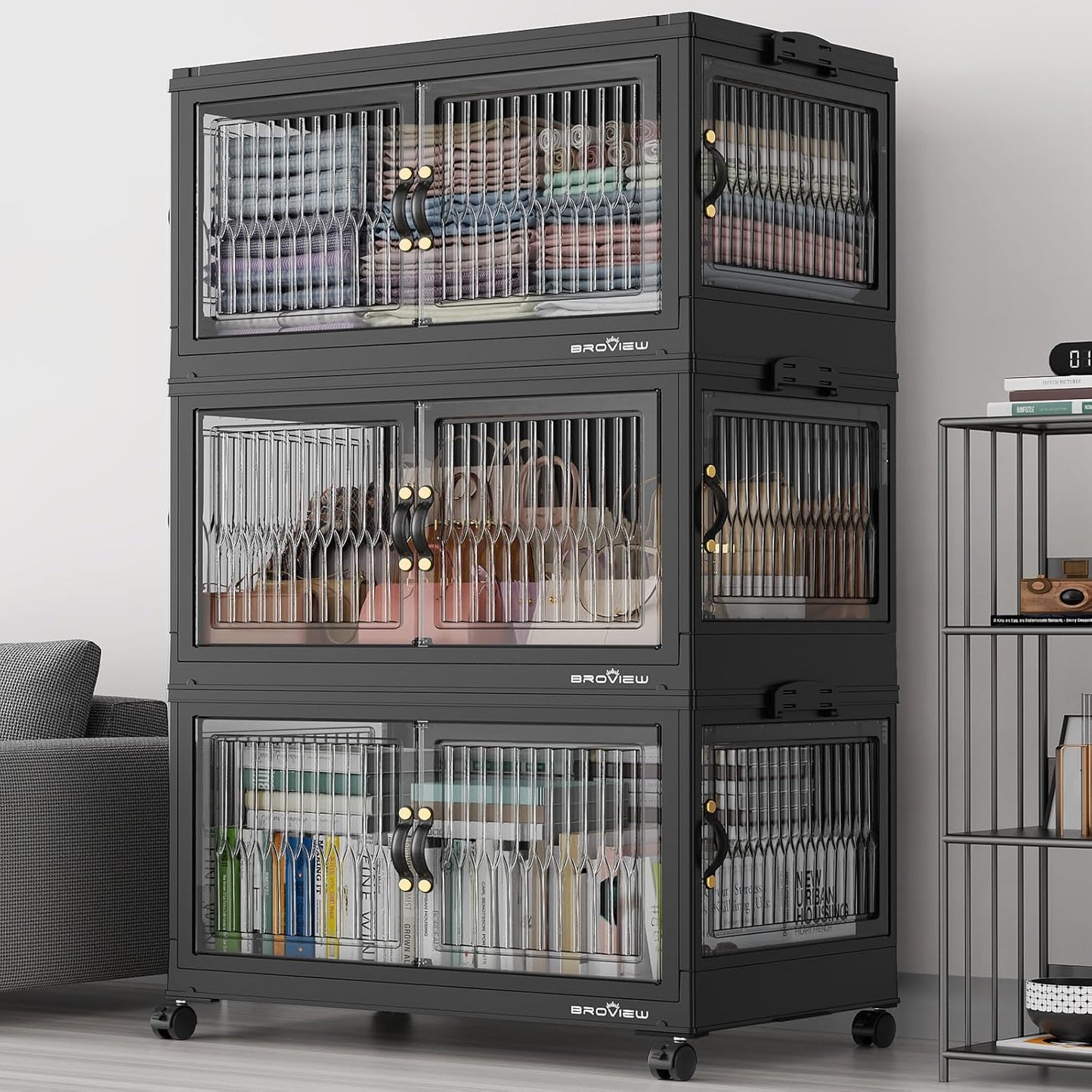 360QT Large Stackable Storage Bins with Lids, Plastic Closet Organizer and Storage Drawer, Collapsible Storage Box with Wheels, Folding Storage Cabinet with Doors for Home Kitchen, 3Pack Black