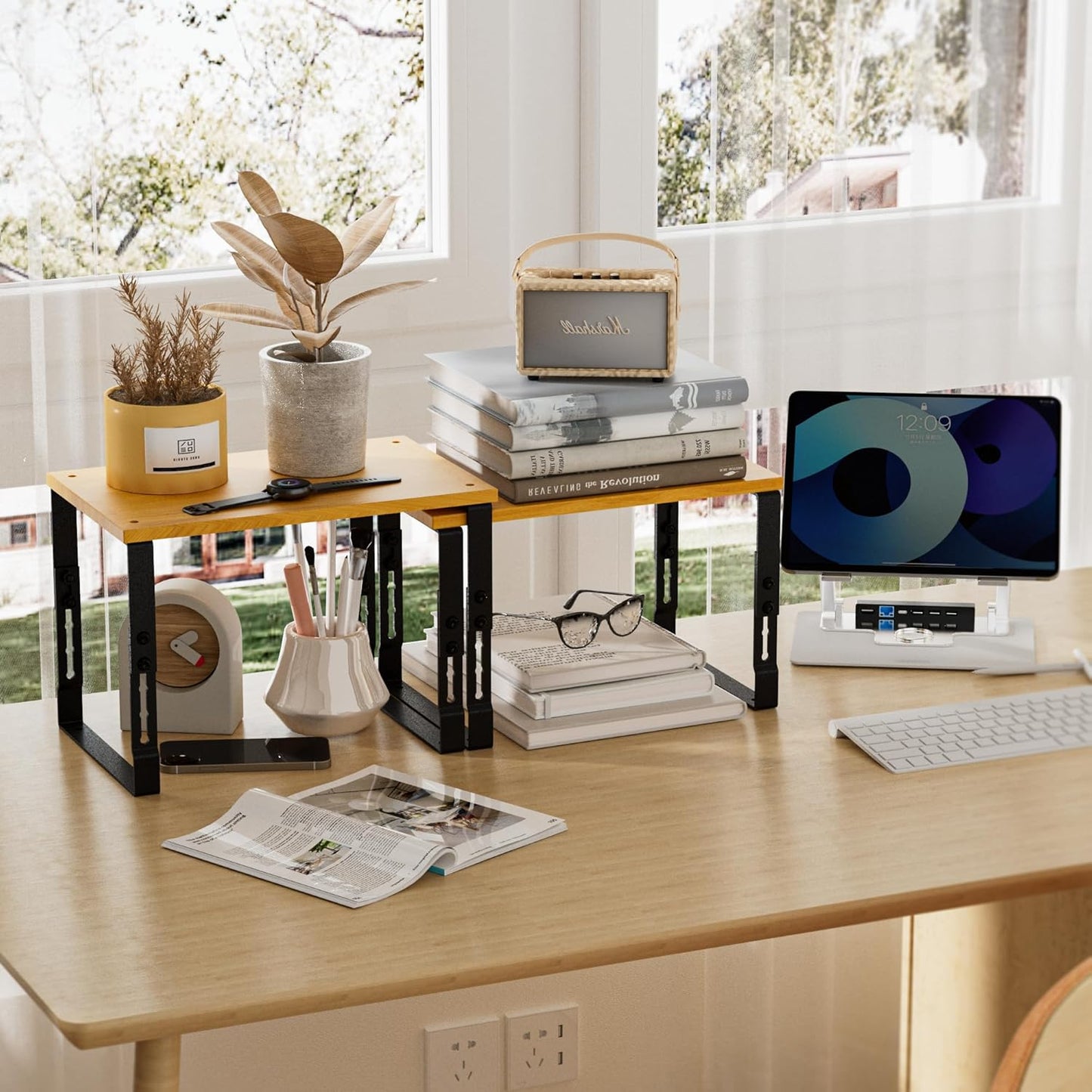 Expandable Kitchen Cabinet Organizer Shelves – Stackable Adjustable Metal and Wood Storage Racks for Countertop, Pantry, Garage Set of 2 Spice Rack – Easy Assembly, Space-Saving(2 Packs/Large/Black)