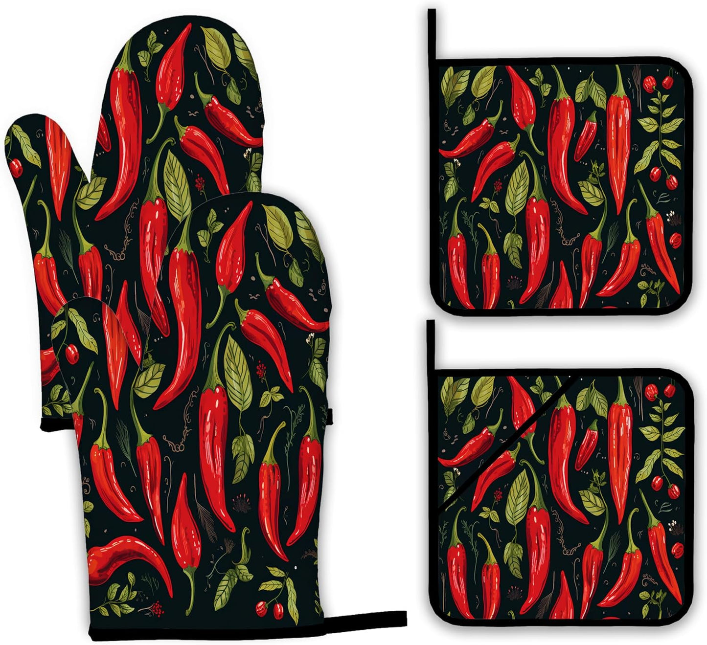 Red Pepper Oven Mitts and Pot Holders Set,Kitchen Oven Gloves and Pot Holder with Heat Resistant Non Slip for Cooking Baking Grilling(4 Piece Set)