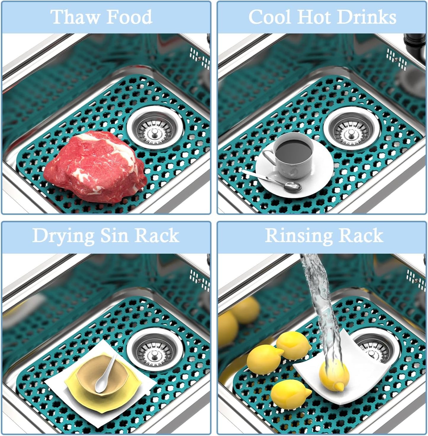 2 Pack Silicone Sink Protector for Kitchen Sink Bathroom, 13.58" x 11.6" Heat-resistant Sink Mat Non-Slip and Durable Silicone Protectors, Rear Drain, Green