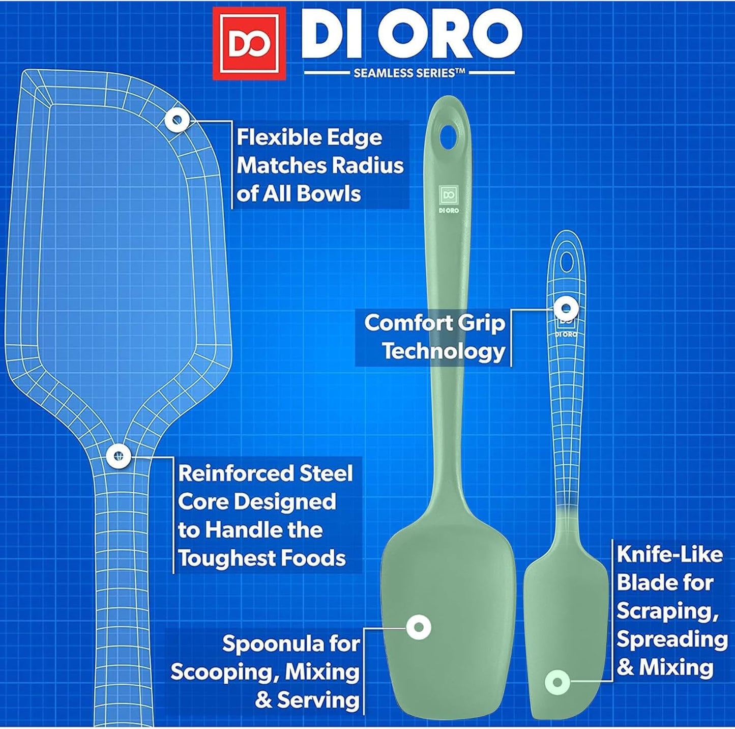 DI ORO Silicone Spatula Set - Rubber Kitchen Spatulas for Baking, Cooking, & Mixing - 600°F Heat-Resistant & BPA Free Silicone Scraper Spatulas for Nonstick Cookware - Dishwasher Safe (5pc, Sage)