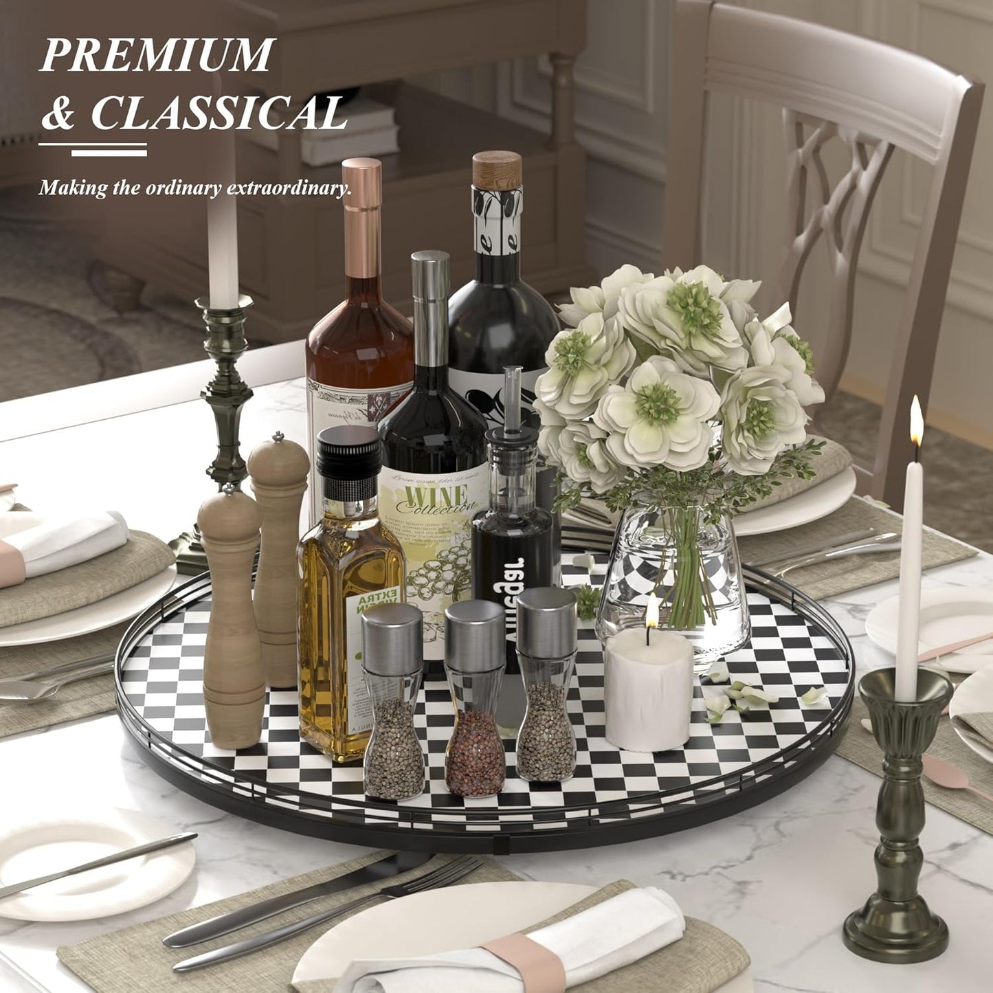 21" Black and White Kitchen Lazy Susan Turntable, Round Checkered Decorative Tray, Large Lazy Susan for Dining Table Centerpiece, Pantry, Kitchen, Bathroom, Countertop, Cupboard, Home Decor