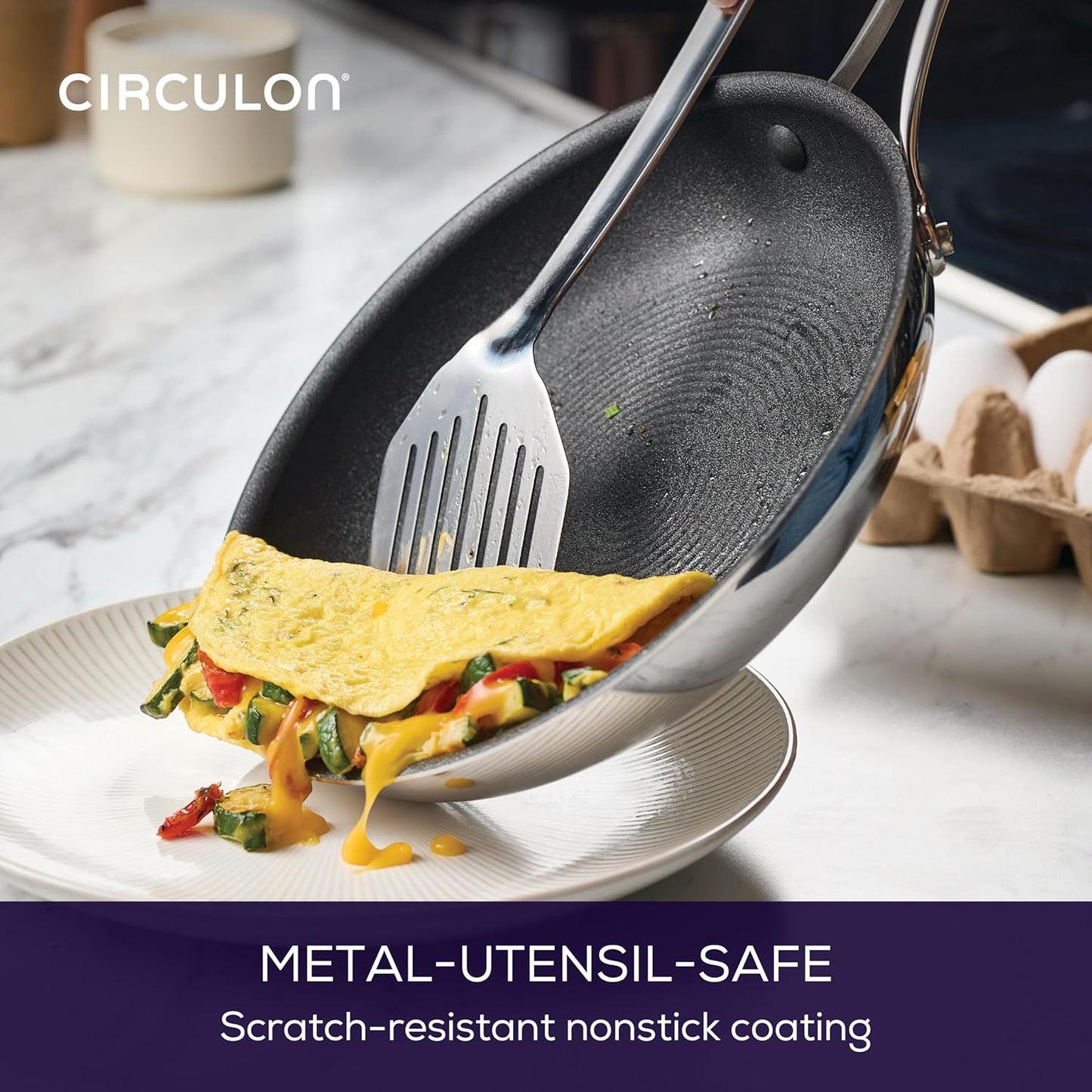 Circulon C1 Series Clad Stainless Steel with ScratchDefense Technology Cookware Nonstick Induction Frying Pan/Skillet, Metal Utensil Safe, 10 Inch Fry Pan - Polished Stainless Steel
