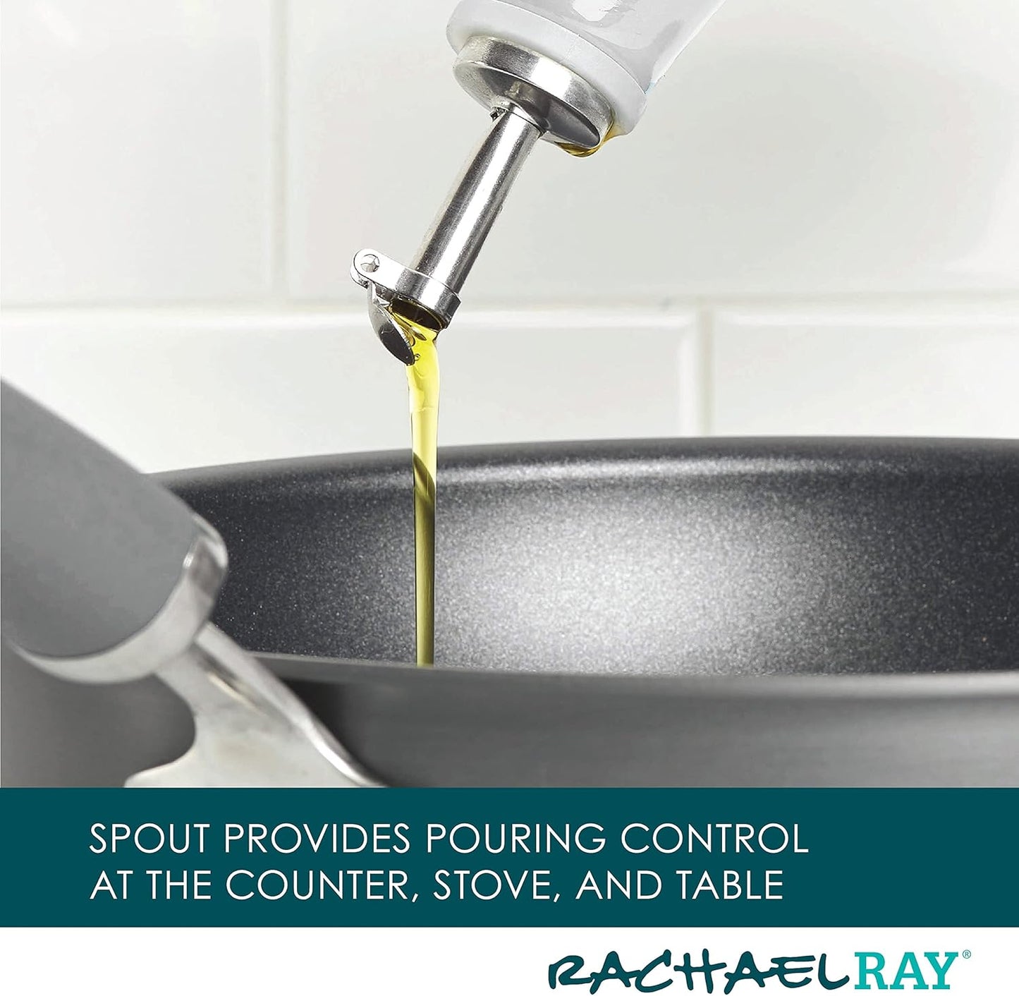 Rachael Ray Ceramic EVOO Oil and Vinegar Dispensing Bottle with Spout, 24 Ounce, White