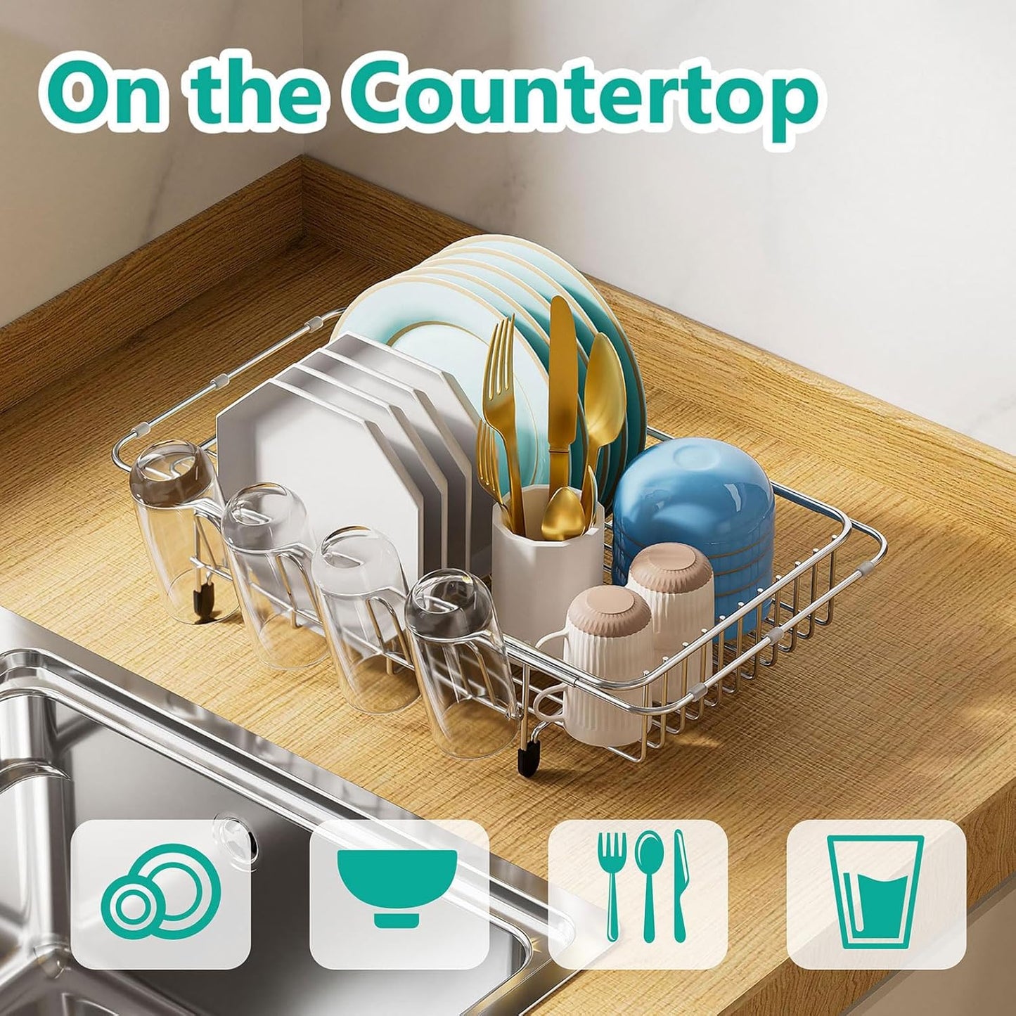 Dish Drying Rack in Sink Expandable Stainless Steel Kitchen Dish Drainer with 4 Cup Holders, Silver