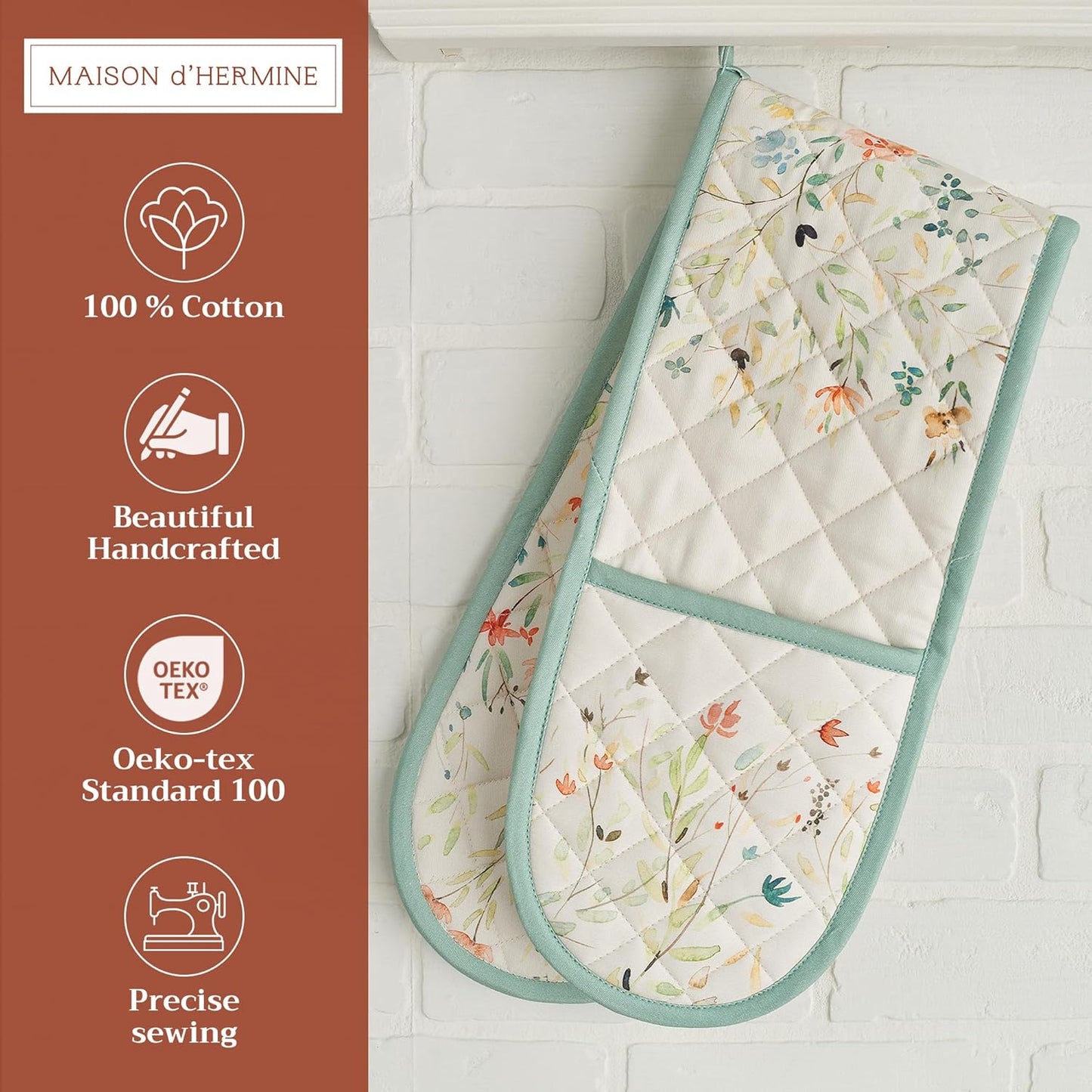 Maison d' Hermine Double Oven Mitts 100% Cotton 7"x35" Double Oven Mitt Heat Resistant BBQ Cooking Gloves with Loop, Baking, Grilling, Home, Kitchen, Handling Hot Pans Spring Summer (Colmar)