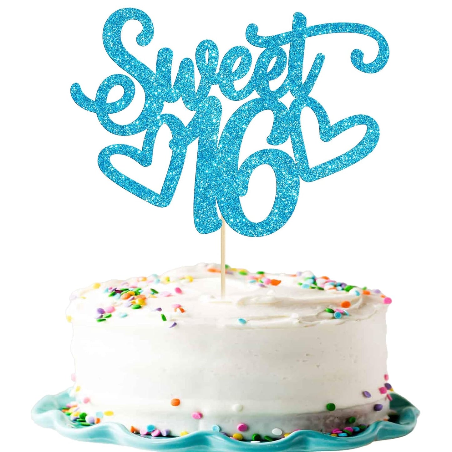 Gyufise 1Pc Sweet Teenager 16 Cake Topper Glitter 16th Birthday Cake Pick for Cheers to 16 Years Old 16th Birthday Party Cake Decorations Supplies Light Blue