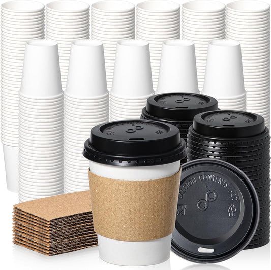 Fit Meal Prep 500 Pack 8 oz Disposable Coffee Cups with Lids, Sleeves, Leak-Proof To Go Coffee Cups with Lids, Durable Paper Cups for Hot Beverage, Home, Office, Party