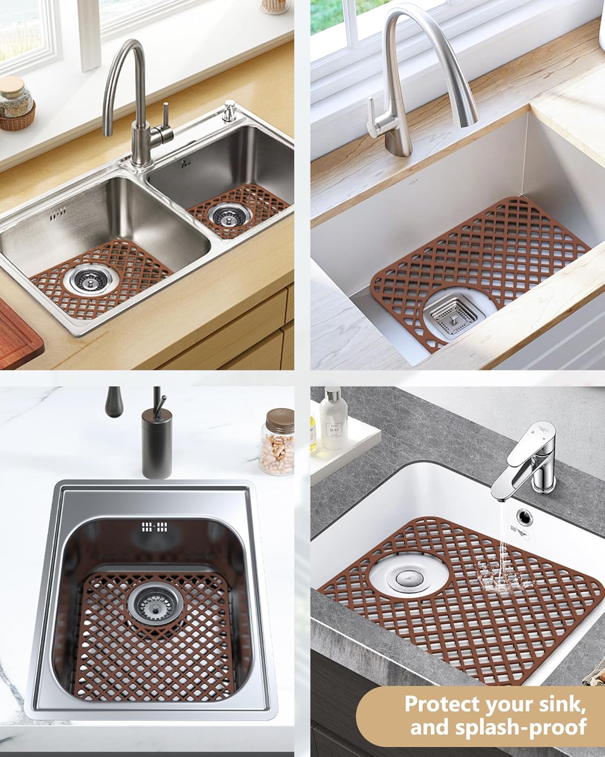 2 Pack Silicone Sink Protectors for Kitchen Sink, Lozenge Pattern 13 x 11 Inches Sink Mat, Non-Slip and Durable Sink Protector Silicone, Rear Drain, Coffee