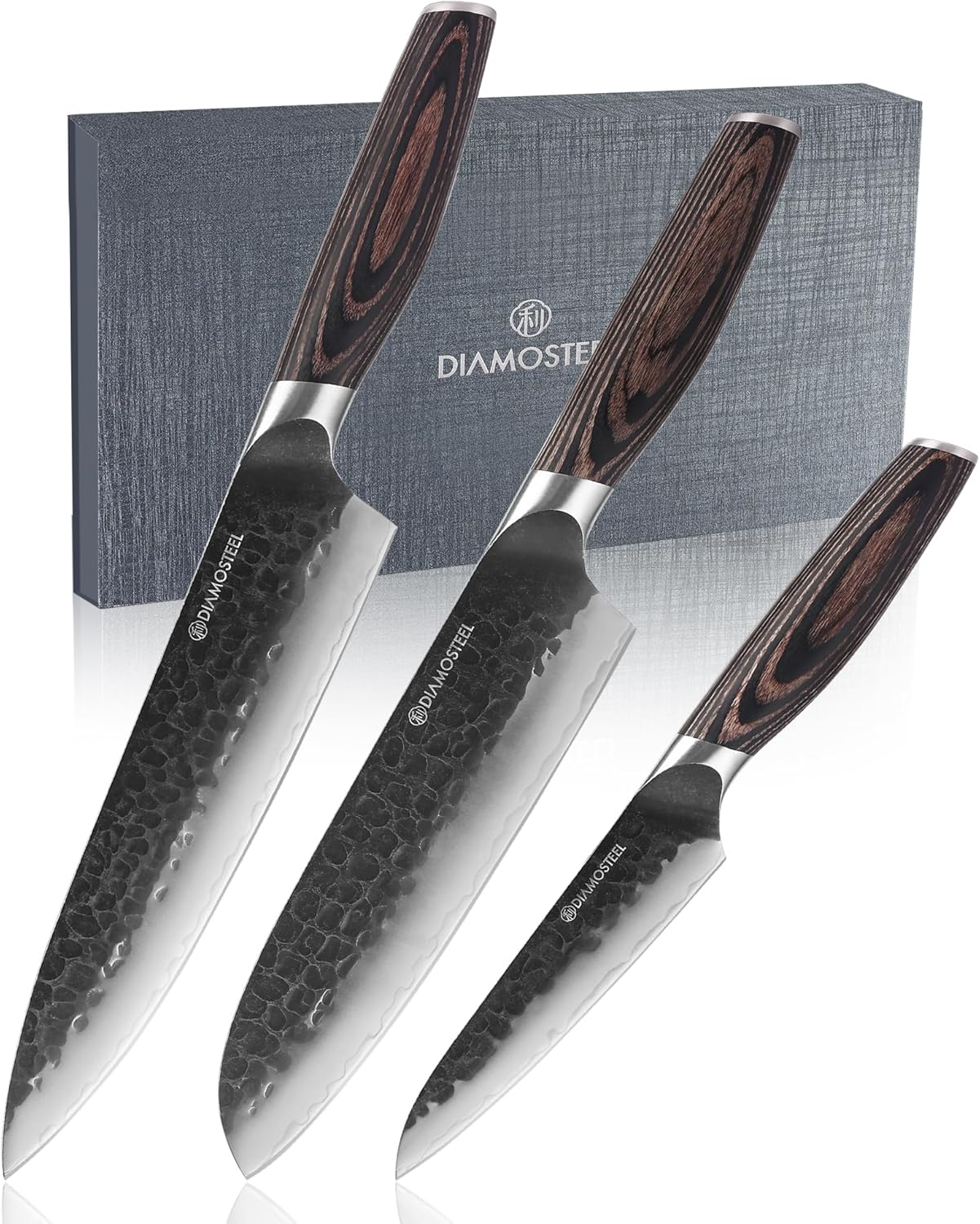 Kitchen Knife Set - 3 Pieces Knives Set for Kitchen High Carbon 9CR18MOV Steel, Hammered Black Oxide Blade & Pakkawood Handle - Profession Chef Knife Set Elegant Holiday Gift for Chefs