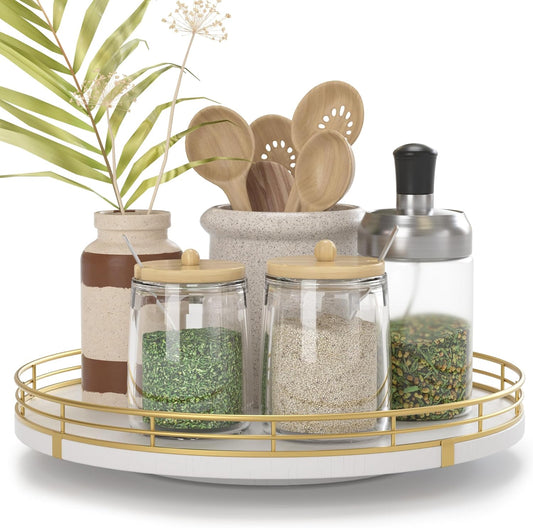 10" Wooden Lazy Susan Turntable for Cabinet – Rotating Spice Rack Organizer, Small Kitchen Countertop Tray for Dining Table & Pantry Storage (White & Gold)