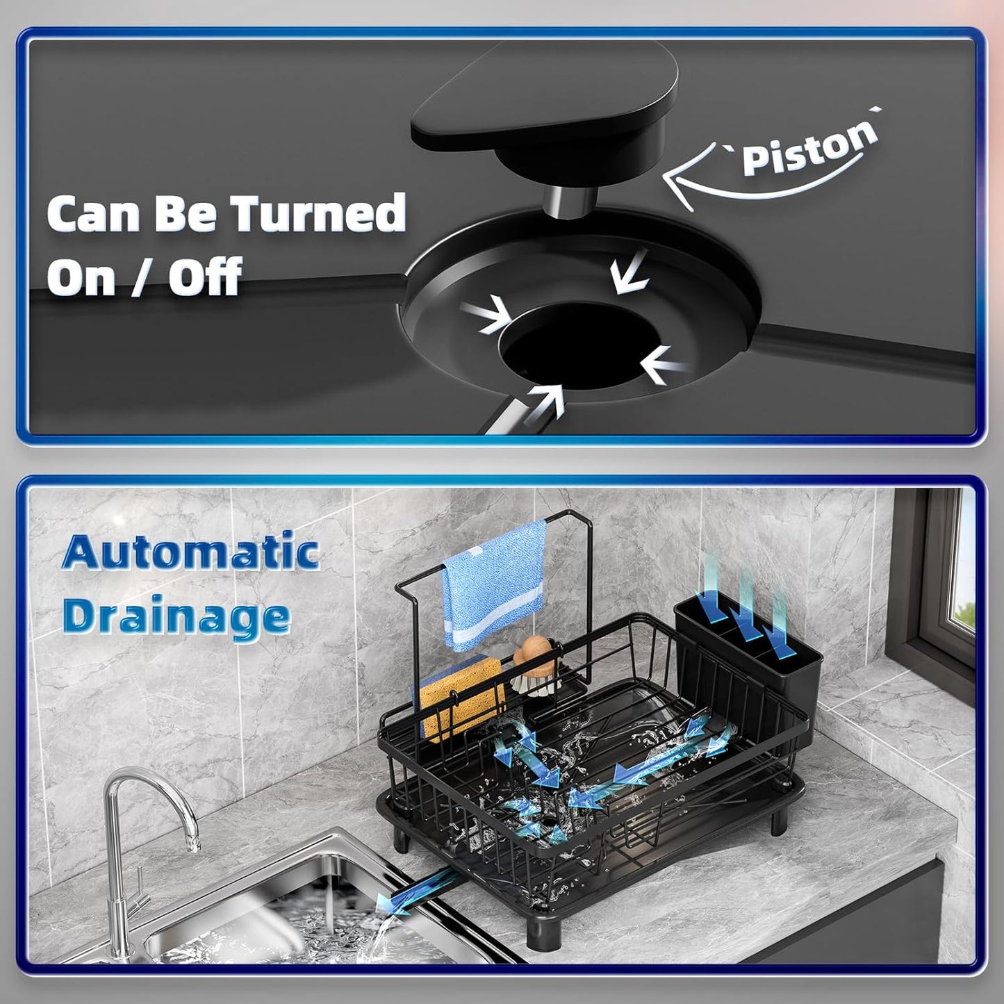 Dish Drying Rack, Compact Dish Racks for Kitchen Counter with Sponge Rack, Space-Saving Dish Drainer Drying Rack with Drainboard, Utensil Holder and and Automatic Drainage Drainboard, Black