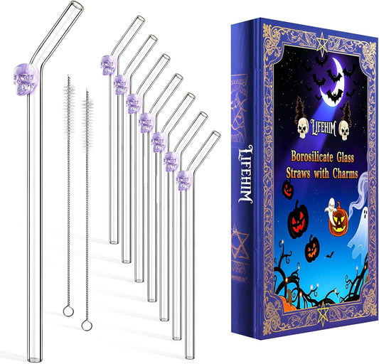 Fun Halloween Glass Straws with Charms Cute - Clear Straws Reusable: Royal Purple Limited Edition Bent 8mm 9 inch Borosilicate Set, BPA Free for Hot & Cold Drinks, Fits 16oz & 20oz Tumblers