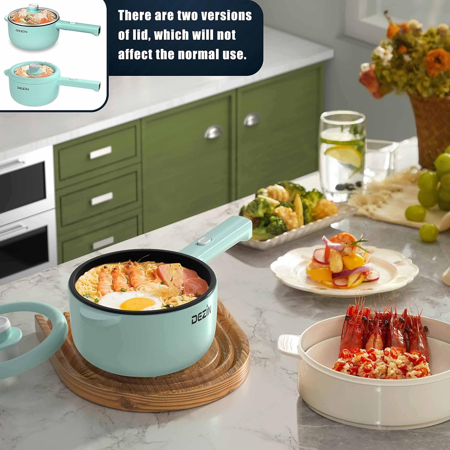 Dezin Electric Cooker, 2L Non-Stick Sauté Pan, Rapid Noodles Mini Pot for Steak, Egg, Fried Rice, Ramen, Oatmeal, Soup with Power Adjustment, College Dorm Room Essential