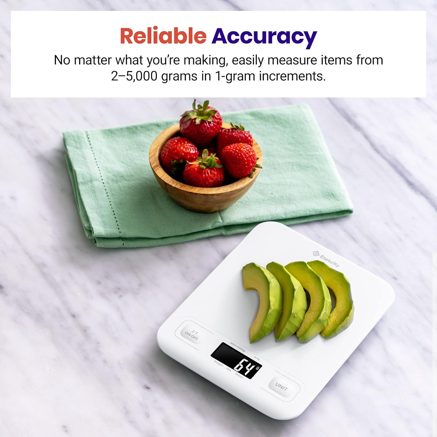Etekcity Food Kitchen Scale, Digital Grams and Ounces for Weight Loss, Baking, Cooking, Keto and Meal Prep, LCD Display, Medium, White