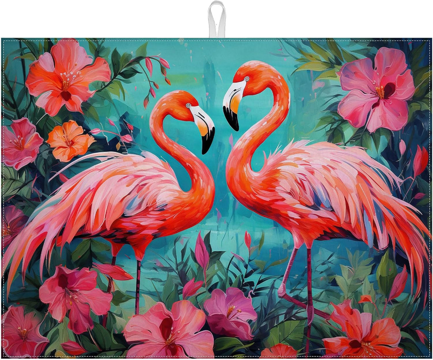 Tropical Flower Flamingo Dish Drying Mat for Kitchen Counter Microfiber Absorbent Dish Kitchen Drying Mat Draining Reusable Washable for Dishes/Utensils/Counterto
