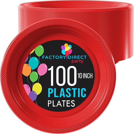 Exquisite Party Solids Red Plastic Plates For Party 10" Red Disposable Plates Heavy Duty Supplies 100 Pcs Plastic Dinnerware Sets Heavy Duty 350 GSM Disposable Dinnerware Set