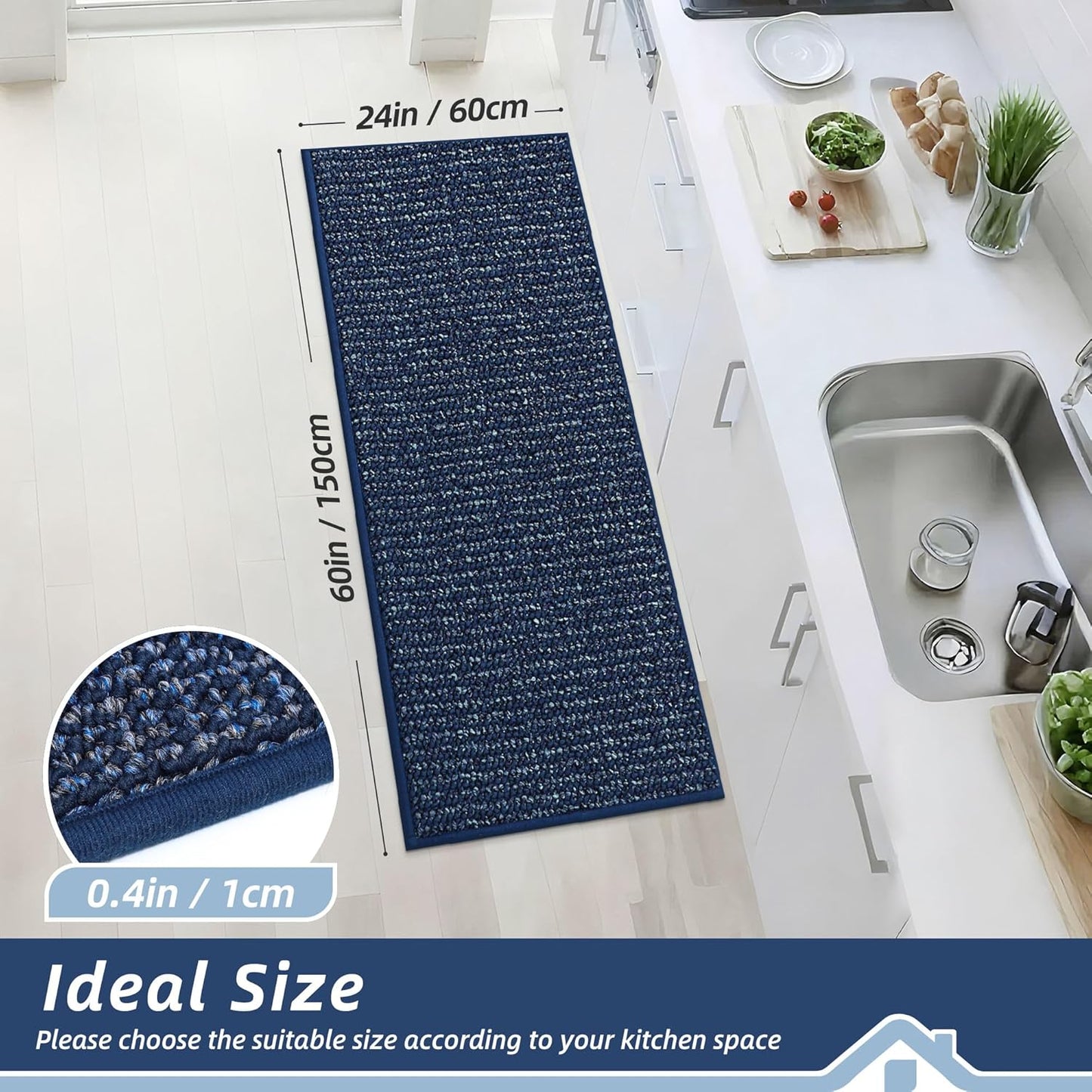 BEQHAUSE Kitchen Runner Rugs 24"x60", Non-Slip Kitchen Mats for Floor, Super Absorbent and Stain Resistant Kitchen Rug, Machine Washable Rugs for Kitchen, Hallway, Laundry & Sink, Blue