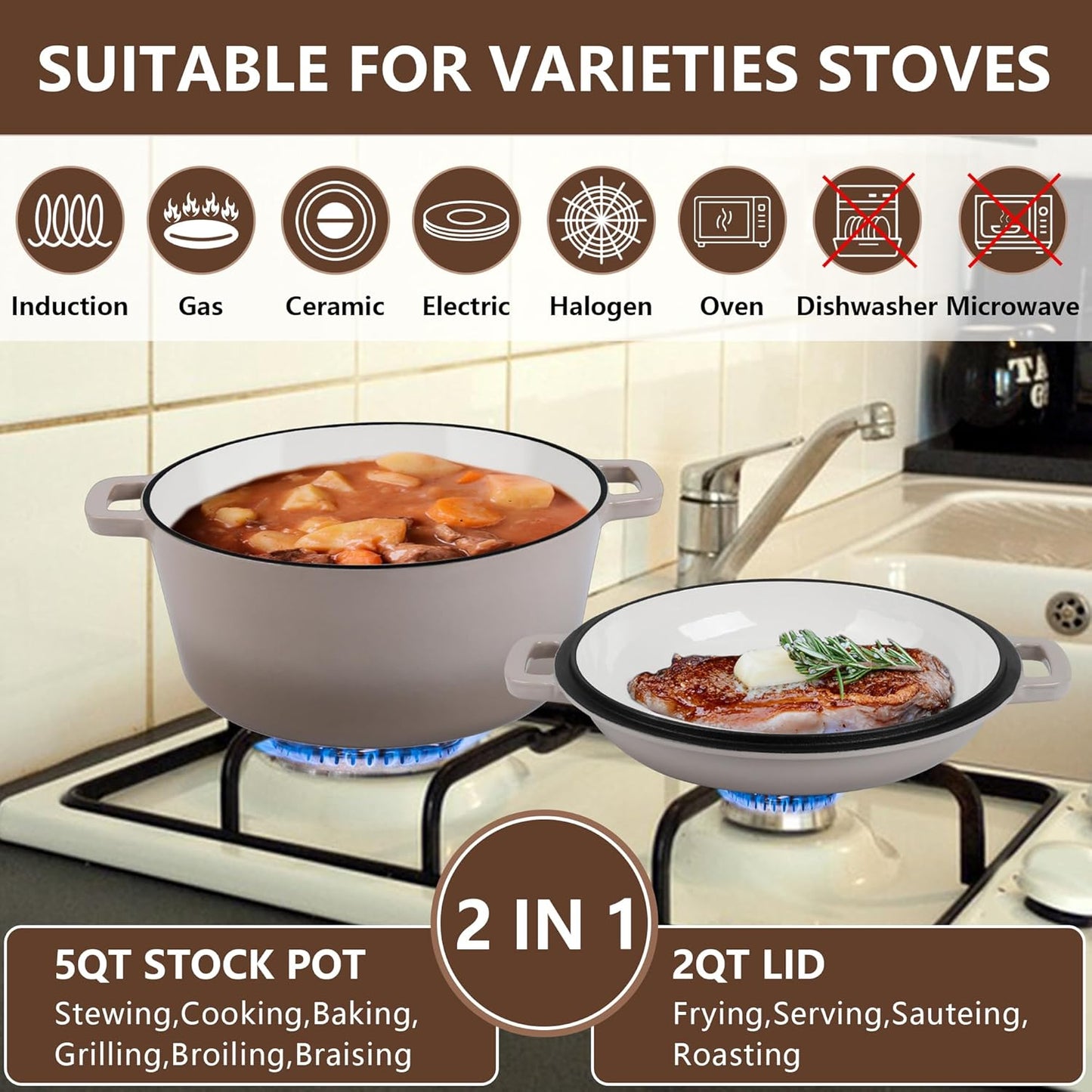 E-far 5 Quart Enameled Cast Iron Dutch Oven, 2 in 1 Dutch Oven Pot with Skillet Lid and Silicone Bread Sling, Ideal for Bread Baking, Cooking, Stewing, Frying, Induction & Oven Safe - Khaki