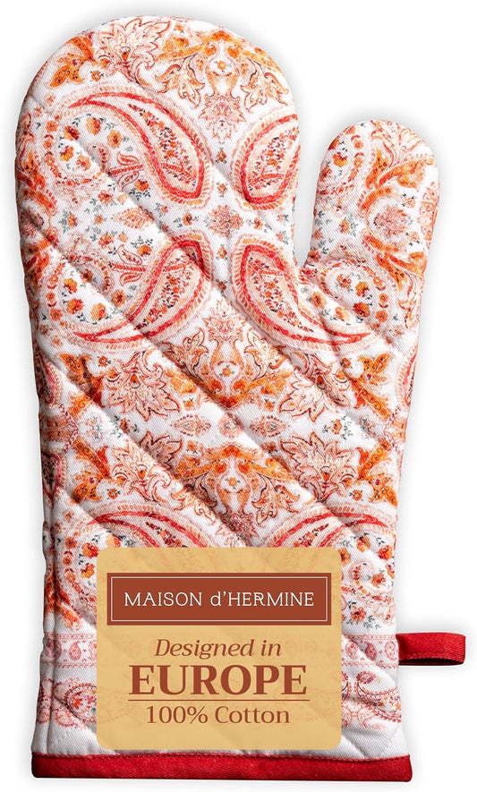 Maison d' Hermine Oven Gloves 100% Cotton Oven Mitt 7" x 13" with Loop Heat Resistant, BBQ, Cooking Gloves, Baking, Grilling, Kitchen, Handling Hot Pans (Pack of 1, Orient)